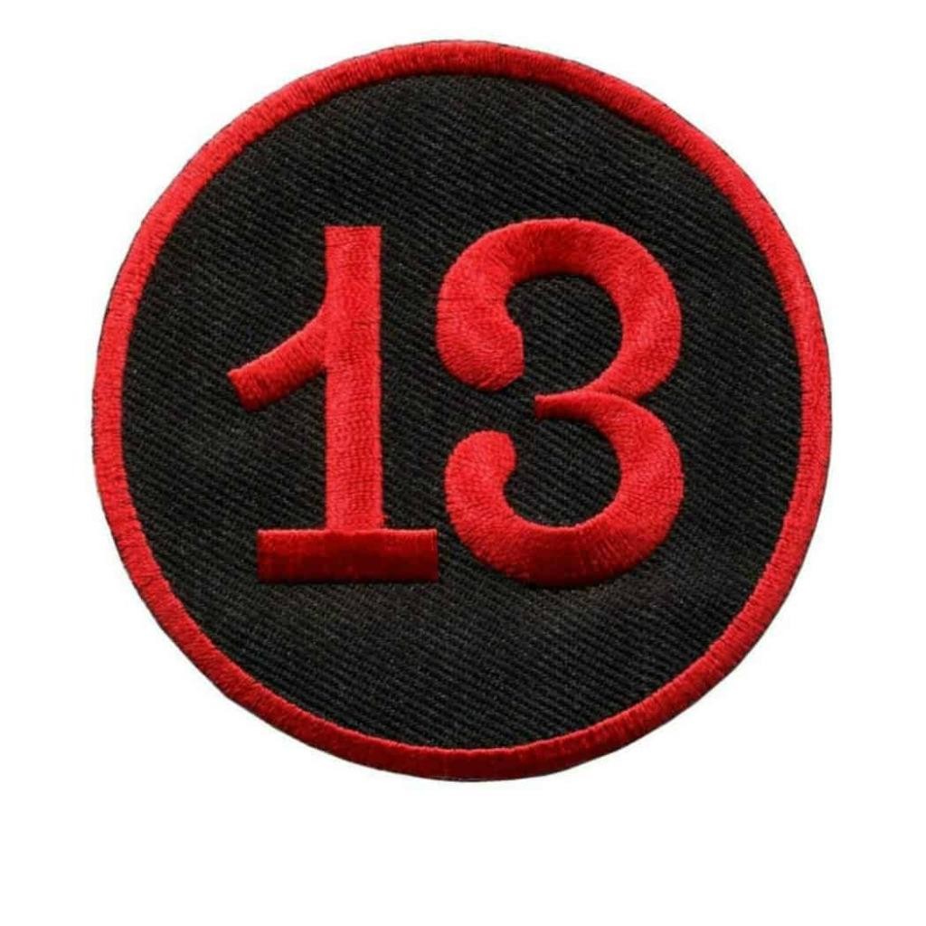 LUCKY NUMBER 13 IRON ON PATCH 3" Red Black Thirteen Outlaw Biker Embroidered