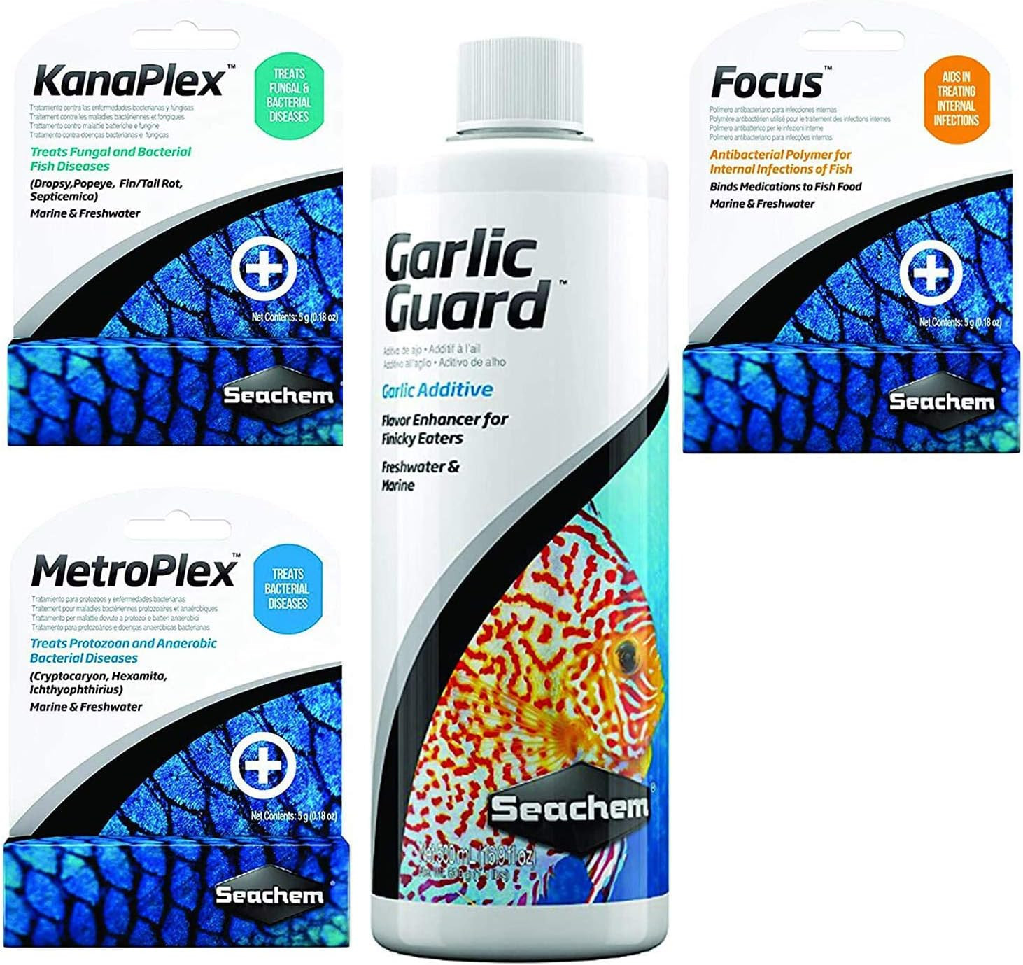 Ultimate Aquarium Treatment Bundle Pack - Metroplex, Kanaplex, Focus, Garlic Gua