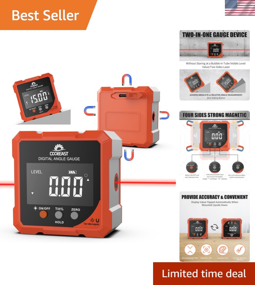 Rechargeable Mini Protractor with Strong Magnets & Laser for Accurate Measuring