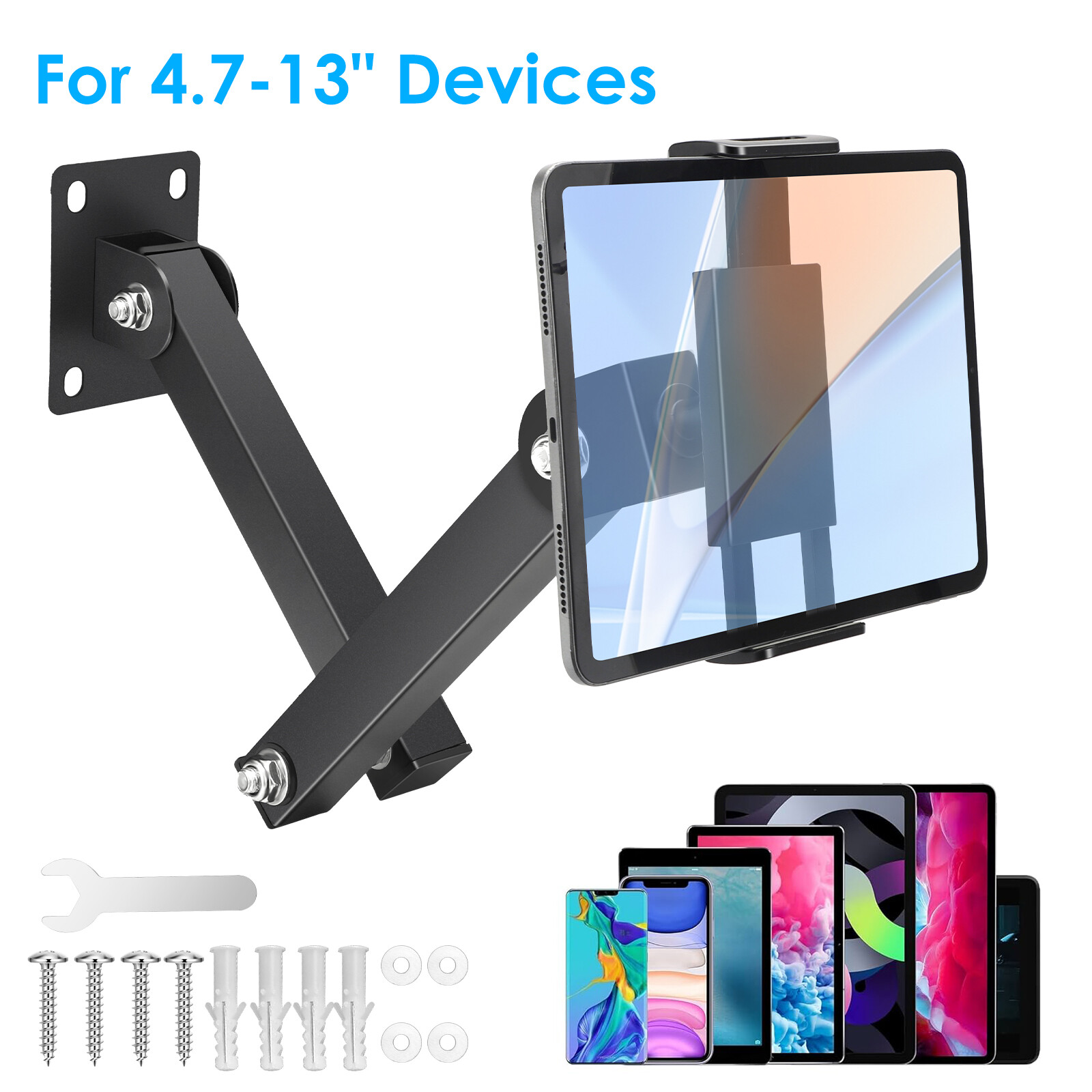 Tablet Wall Mount 360° Rotating Foldable Phone Holder for 4.7-13" iPad iPhone
