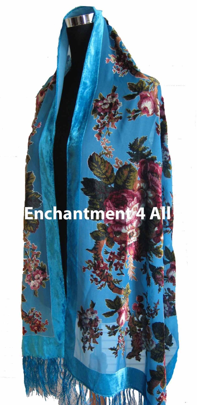 Elegant 100% Silk Burnout Velvet Vintage FloralOblong Scarf Shawl Wrap,Turquoise