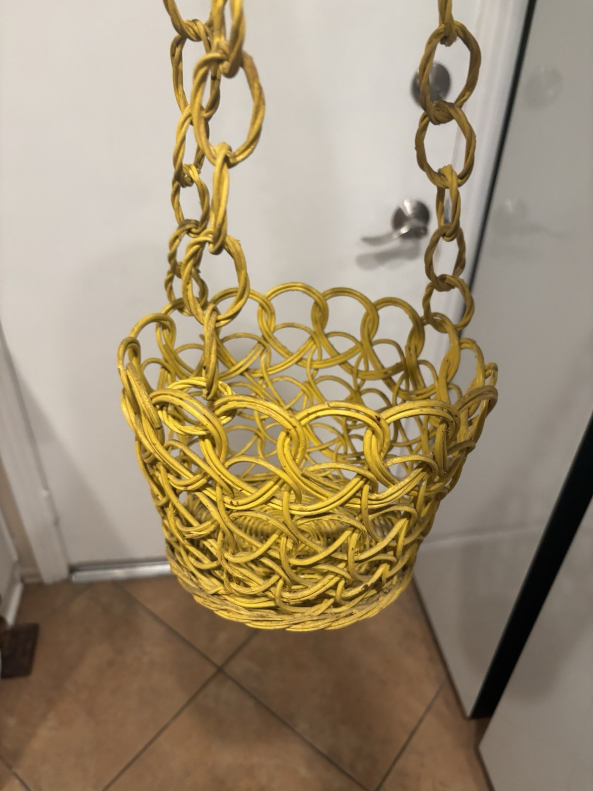 Vintage Wicker  Basket Hanging Planter Yellow 1970s