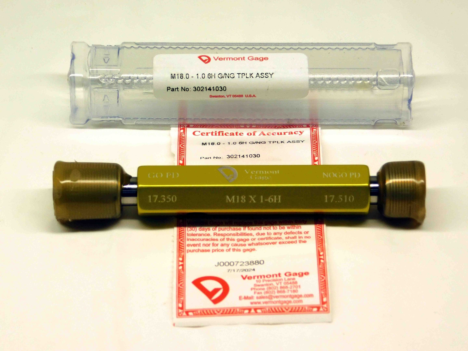 NEW M18 X 1 6H VERMONT THREAD PLUG GAGE 18 1.0 GO NO GO P.D.'S = 17.350 & 17.510