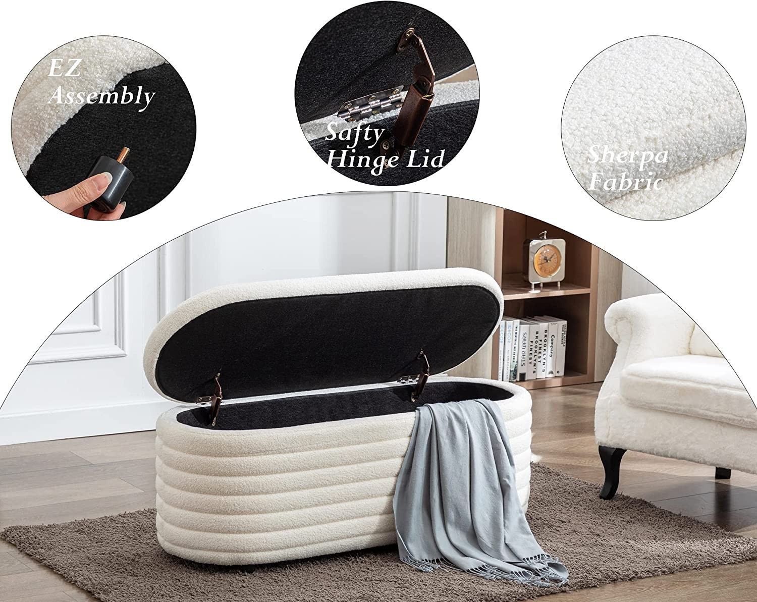 45” Sherpa Storage Ottoman Bench Footrest Footstool Upholstered End of Bed Stool