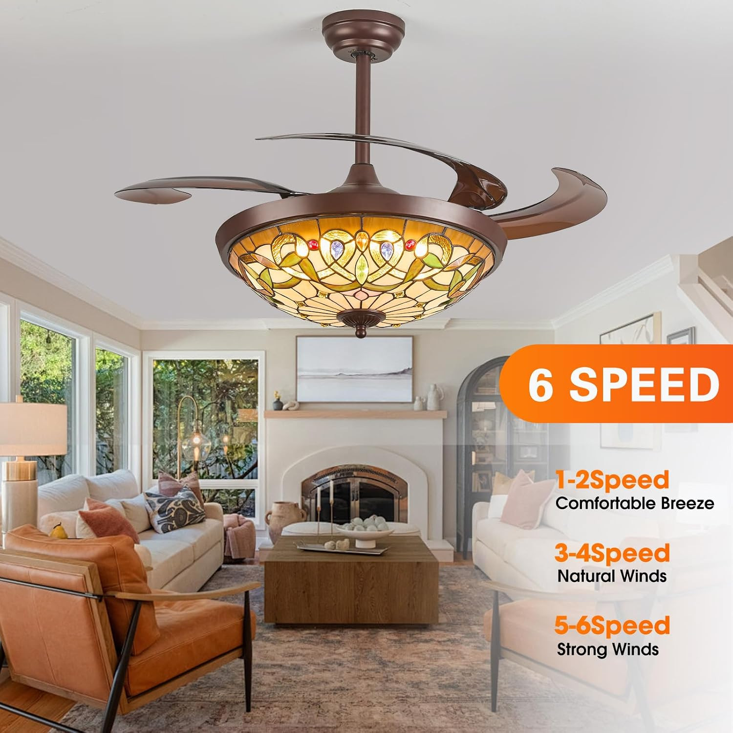 Ceiling Fan with Light - 48" Retractable Ceiling Fan Chandelier Fan, App Control