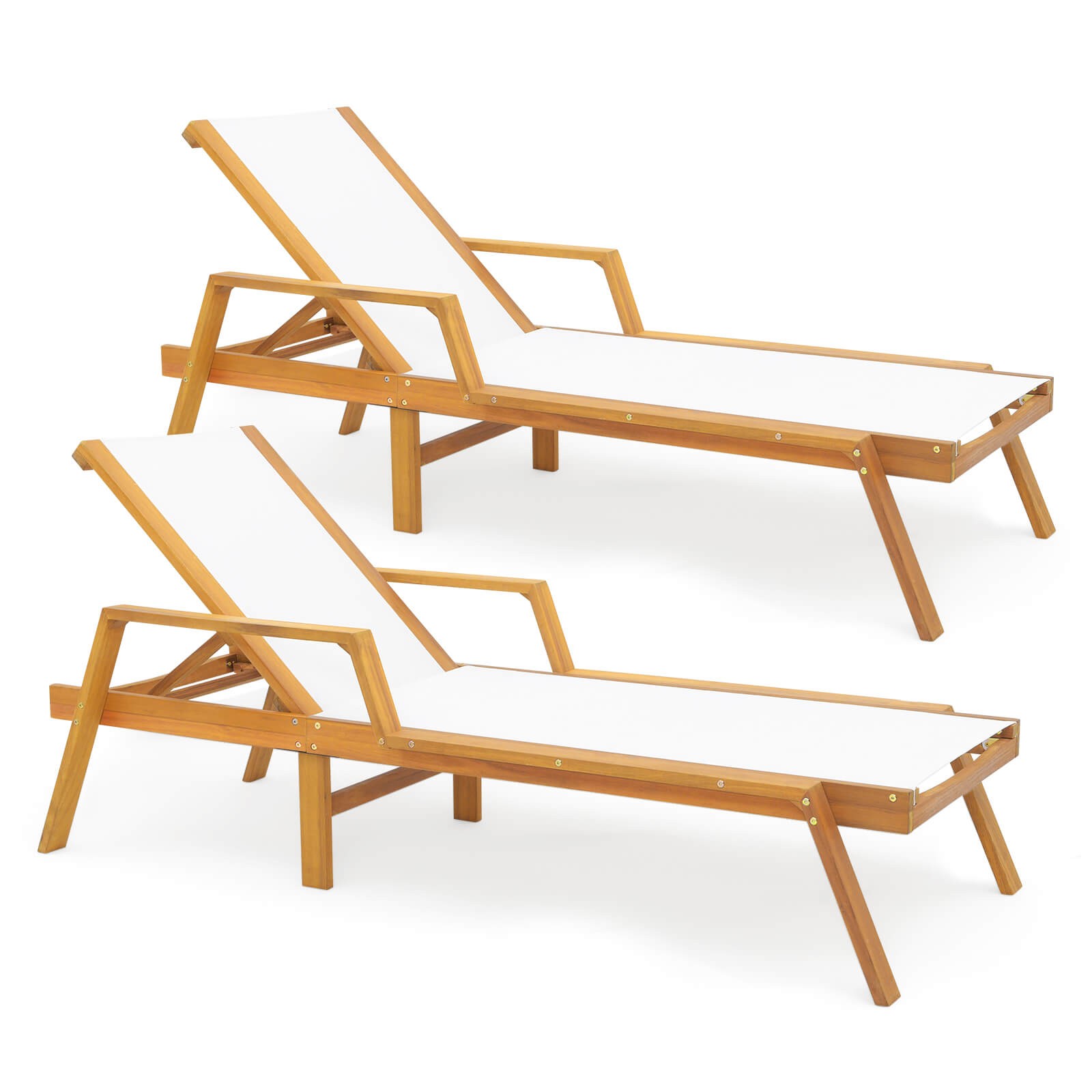 2PCS Outdoor Chaise Lounge w/ Adjustable 5-position Backrest Solid Wood Frame