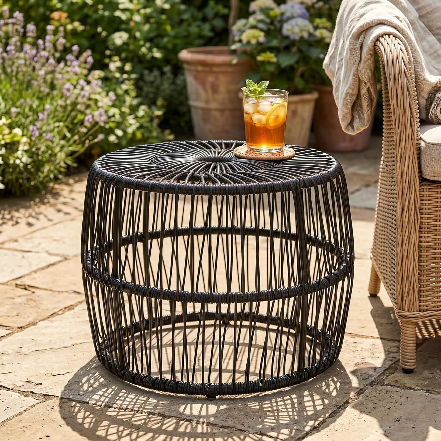 Boho Rattan Round Coffee Table Outdoor with Metal Frame All-Weather