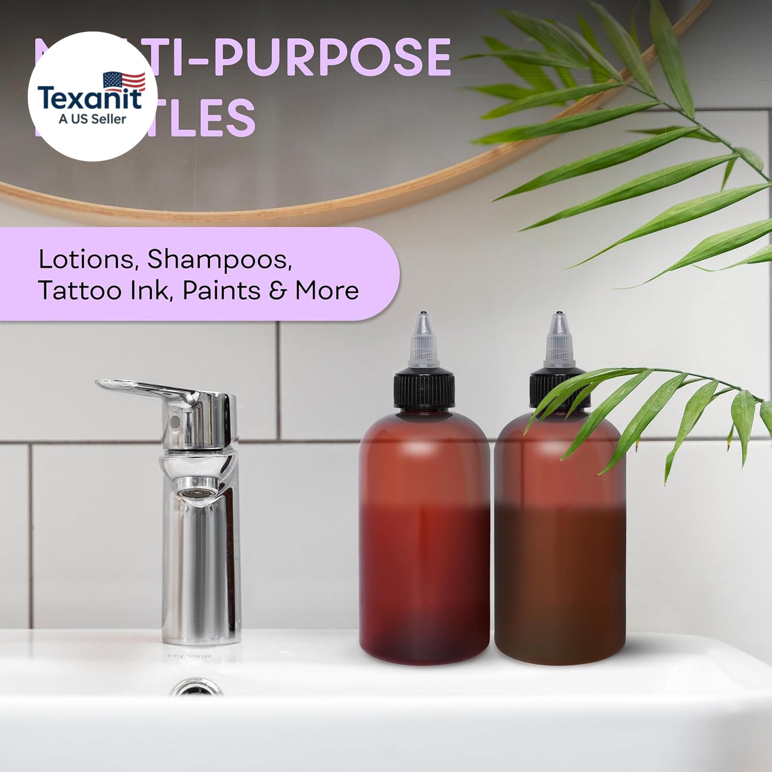 Twist Top Applicator Bottles, 8 OZ Amber, Squeeze Empty round Plastic Bottles, B