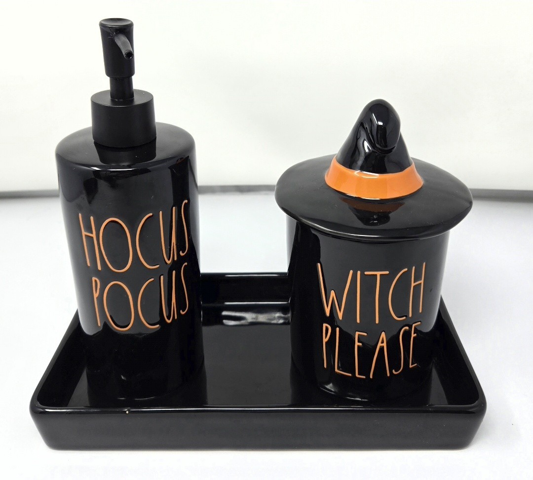 RaeDunn Halloween Bundle, HOCUS POCUS, SOAP Dispenser,Witch Please Canister Tray