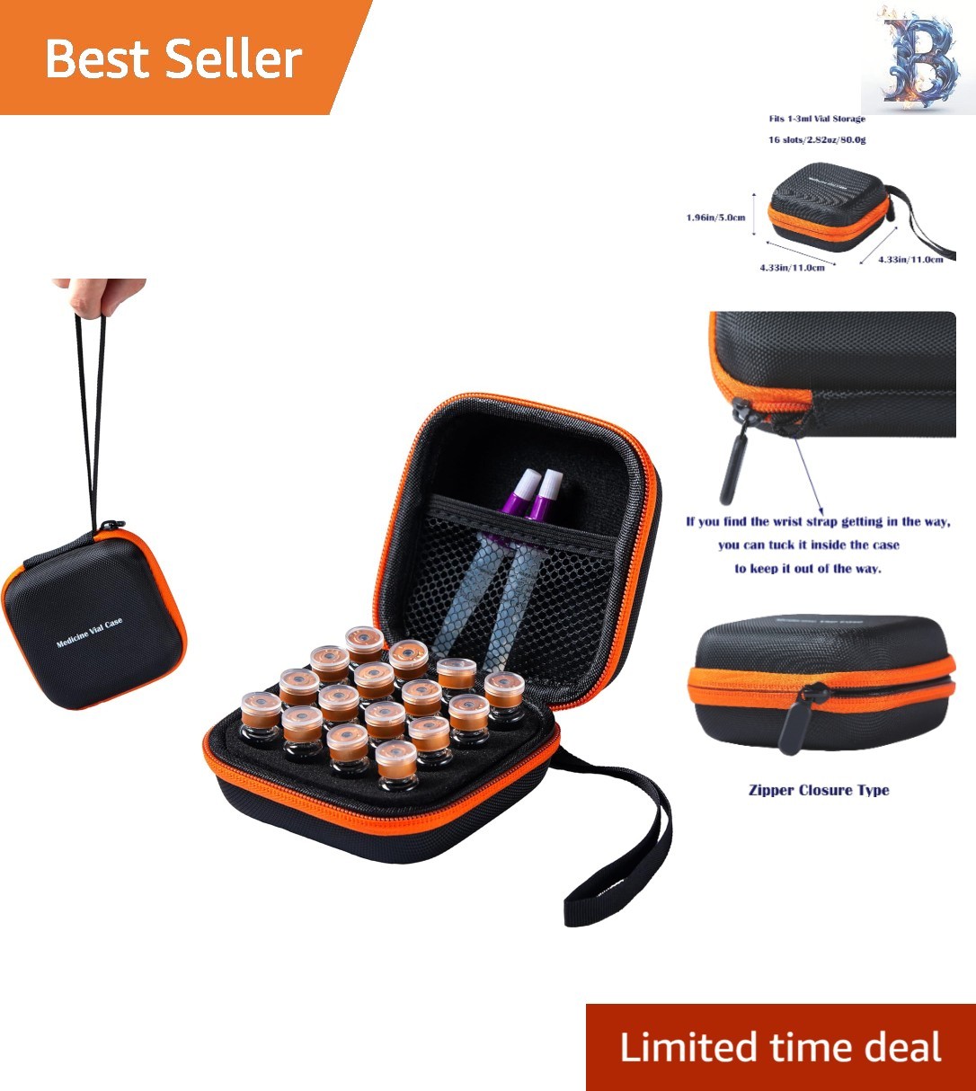 Chic Black & Orange 16-Slot Vial Case for Efficient Medication Organization