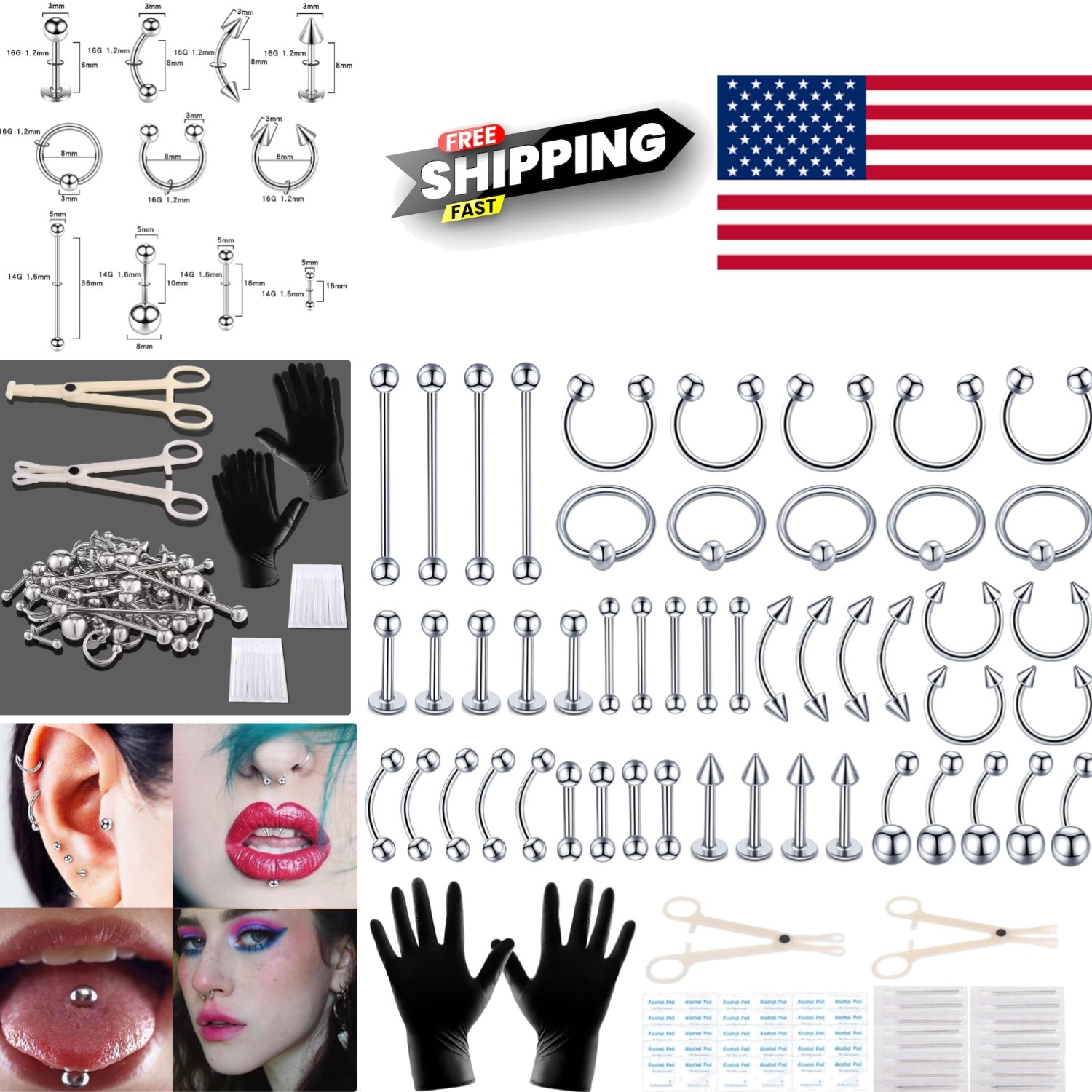 104PCS Body Piercing Kit with Stainless Steel Needles Gloves and Tools Included