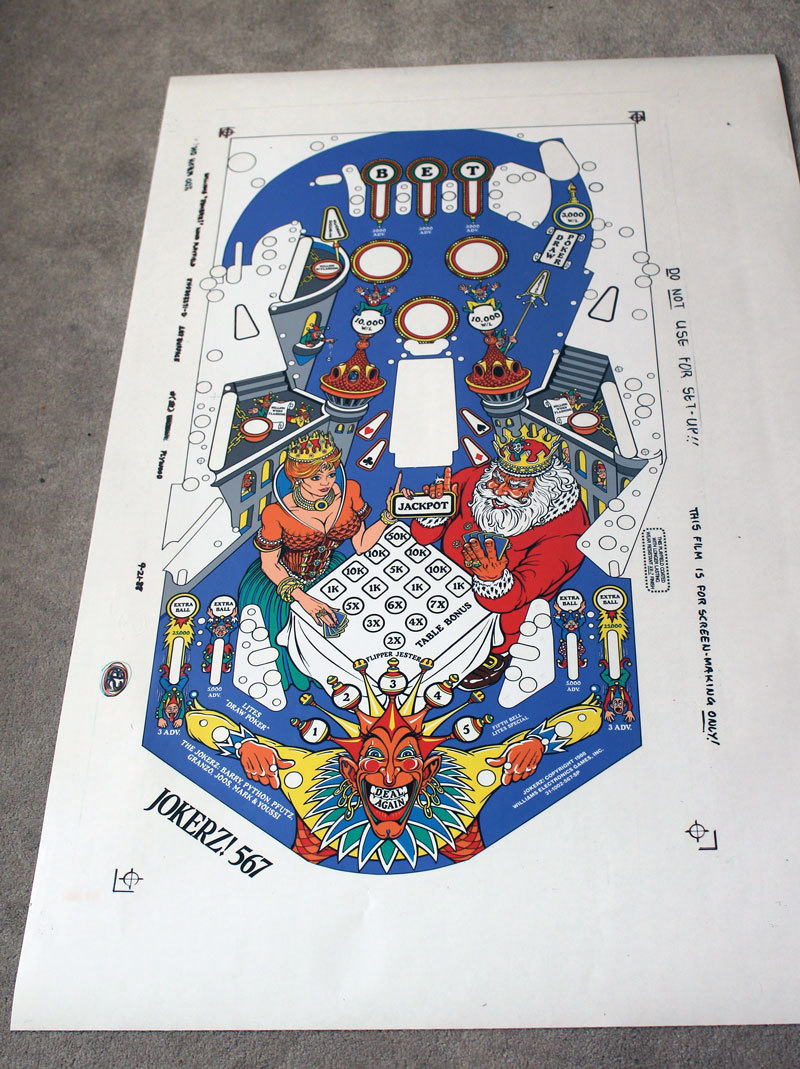 WILLIAMS JOKERZ Pinball Machine Playfield Overlay - MADE FROM WILLIAMS FILMS