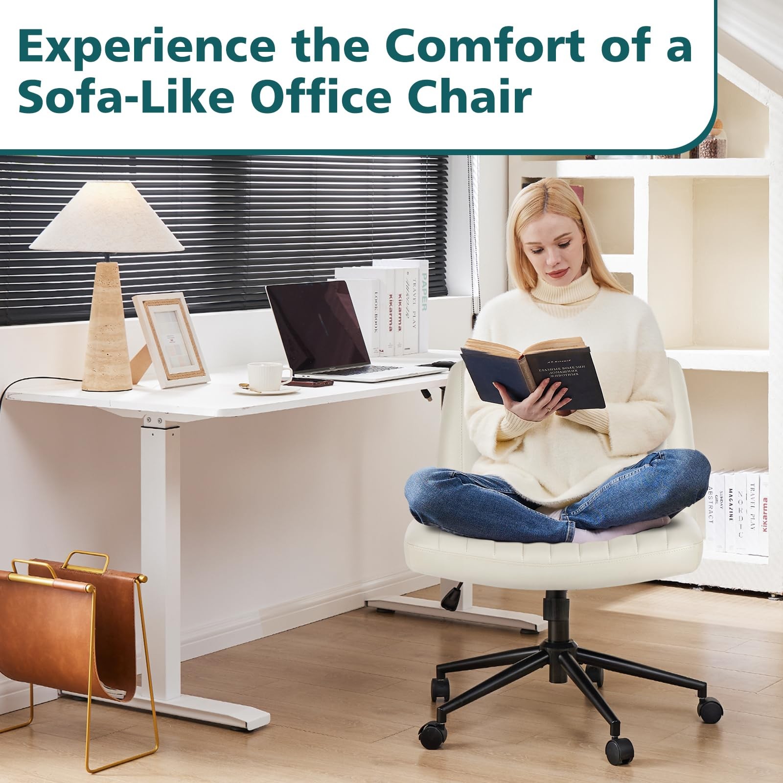Criss Cross Chair with Wheels Wide Cross Legged Office Desk Vanity Chair Comf...