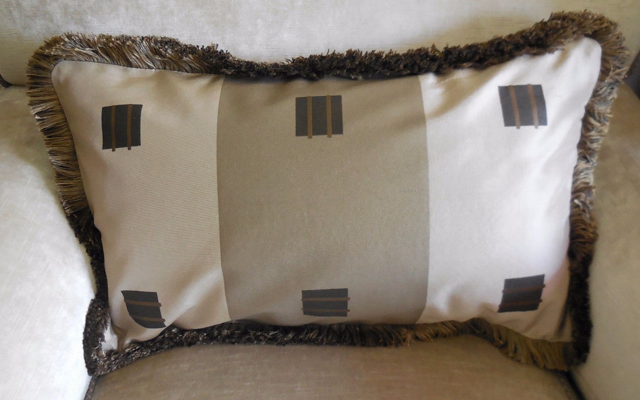 ❇️NEW Wide Striped SILK SQUARES Oblong Cushion covers w Silky FRINGE Taupe Brown