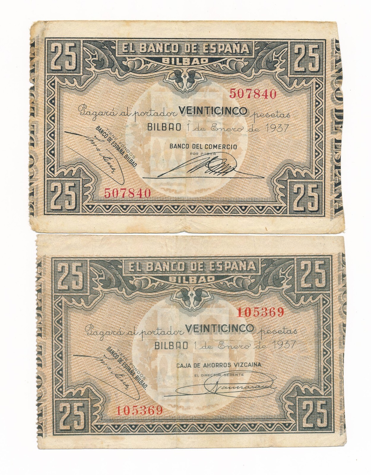 SPAIN Civil War 1937 Banco del Comercio & Caja de Ahorros Vizcaína aVF/VF