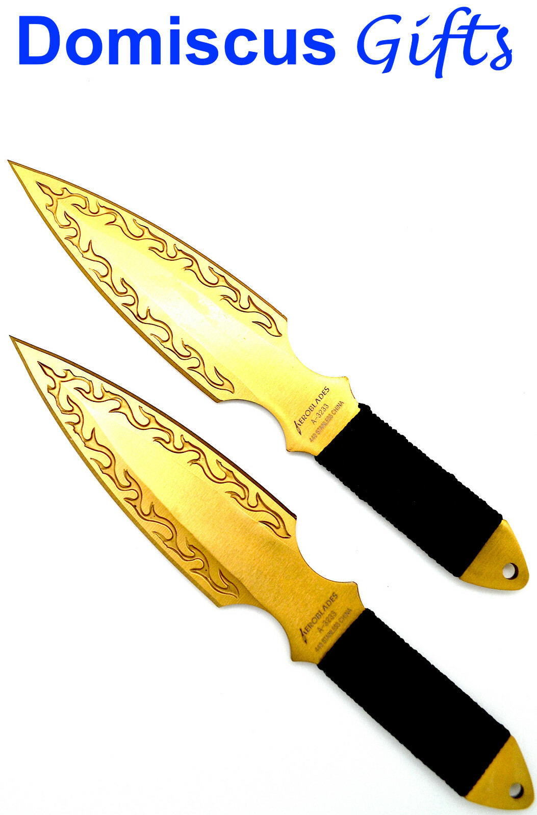 9" NEW AEROBLADES 2 Pc. Gold Fire THROWING KNIVES Throw Knife Set Hunting Blades