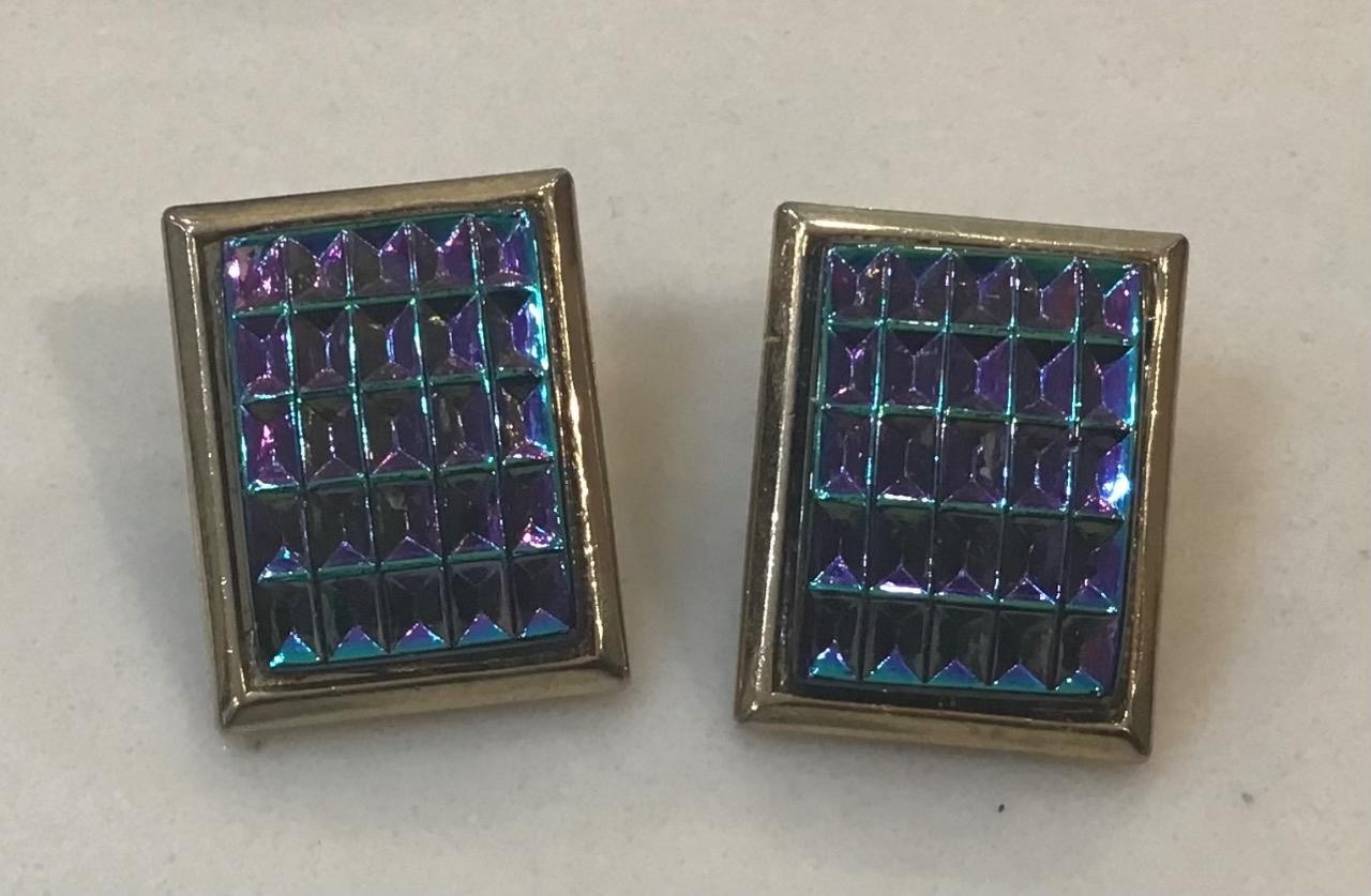 Vintage Judy Lee Iridescent Blue Glass Goldtone Clip Earrings, Carnival Finish
