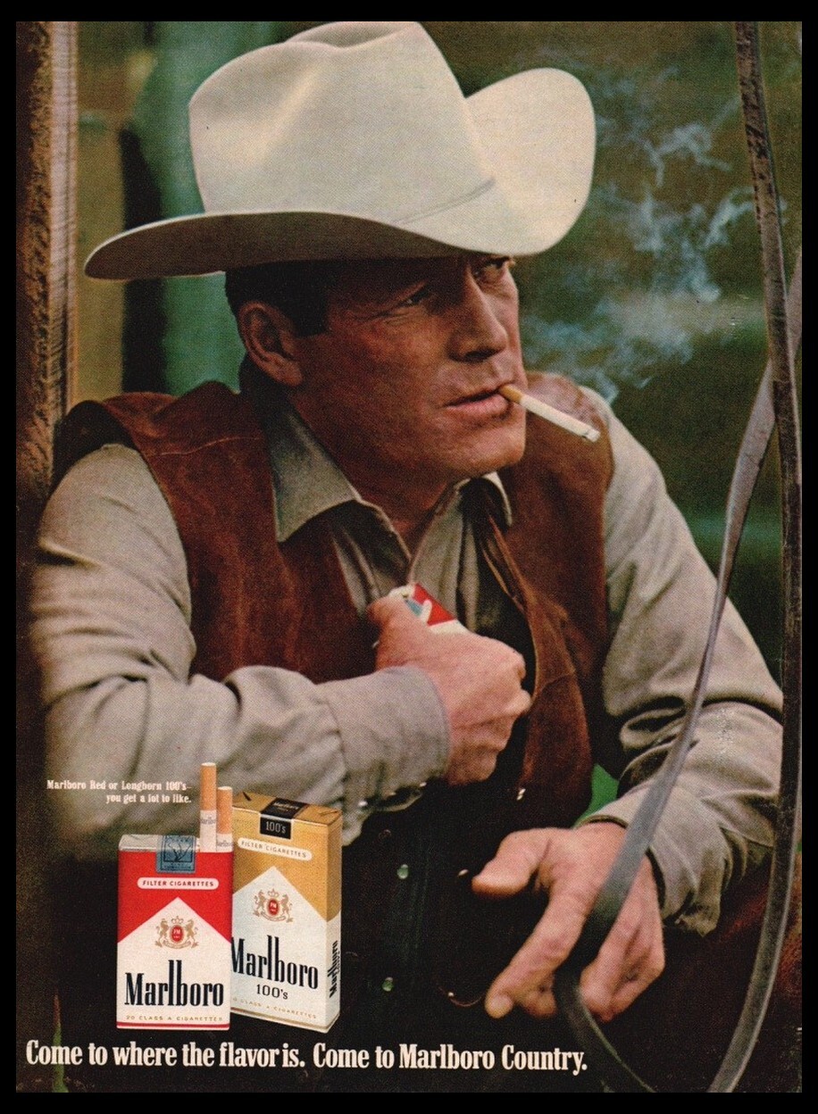 1972 Marlboro Reds-cigarette print ad-mini poster-Cowboy Hat, Man 1970s