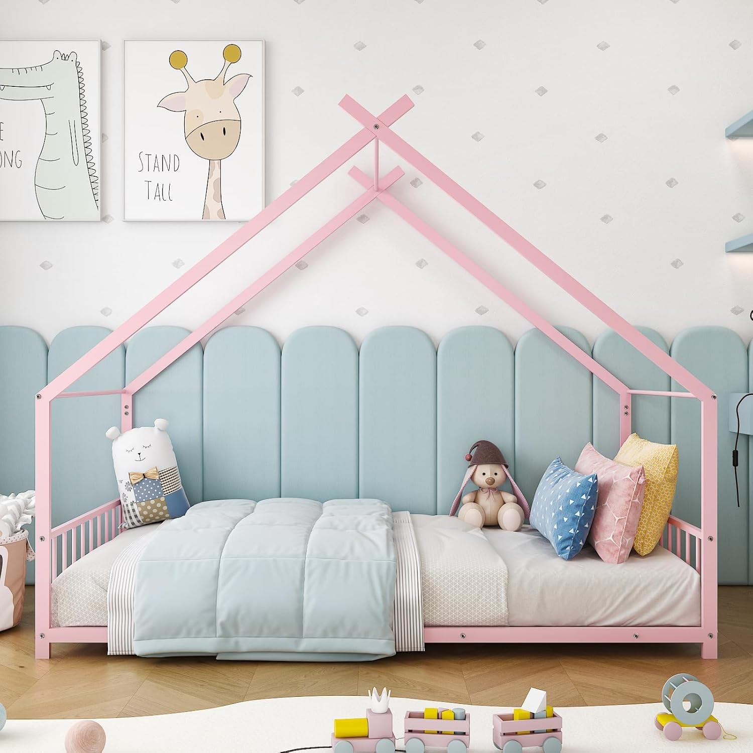 Twin Size Toddler Floor Bed,Metal Montessori Bed with Slats & Fence,Roof/ House