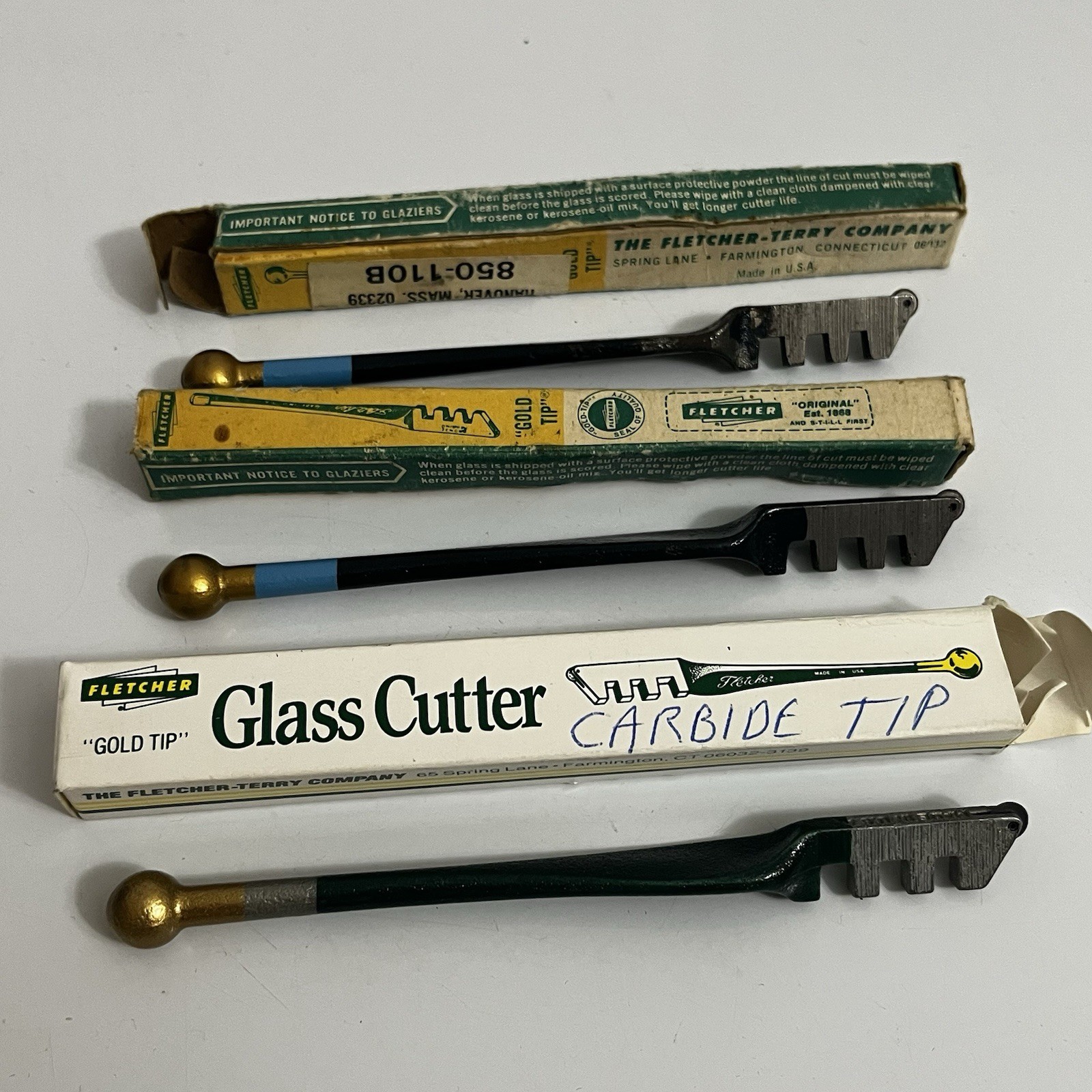 Lot of 3 Vintage Fletcher Gold Tip & Carbide Tip Glass Cutters USA