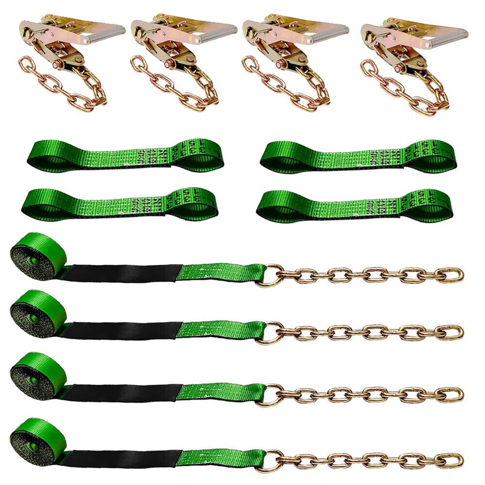 8 Point Tie Down Kit for Roll Back w/Chain Ends for Car Carrier Tow Truck Green
