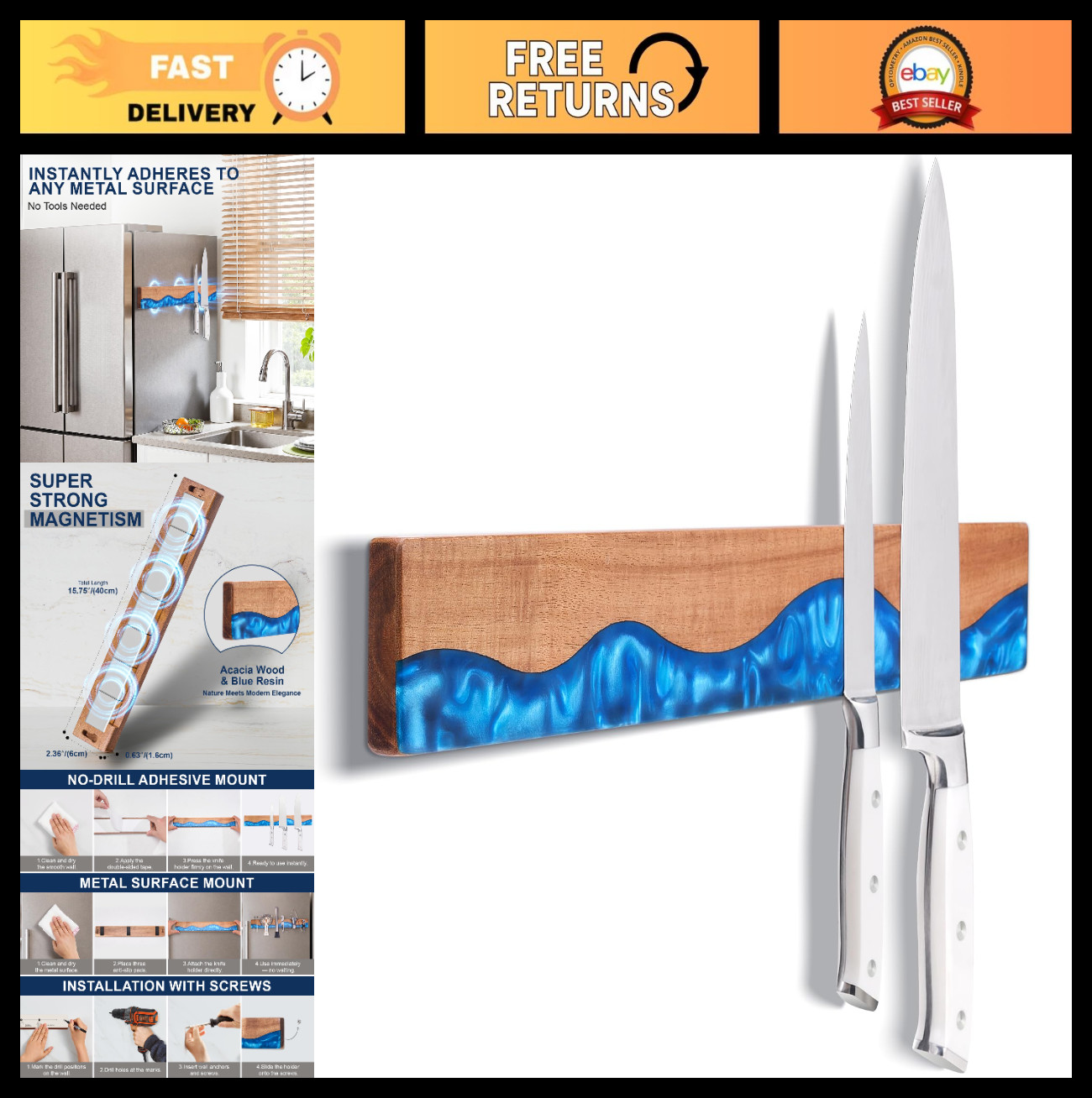 16" Magnetic Knife Holder - Acacia Wood & Ocean Blue Resin, No-Drill Mount, Kitc