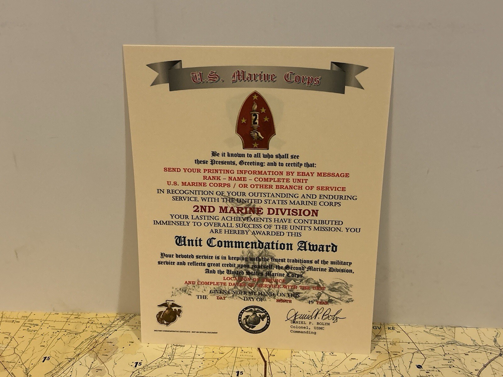 U.S.M.C. / 2ND MARINE DIVISION ~ UNIT COMMENDATION AWARD / CERTIFICATE