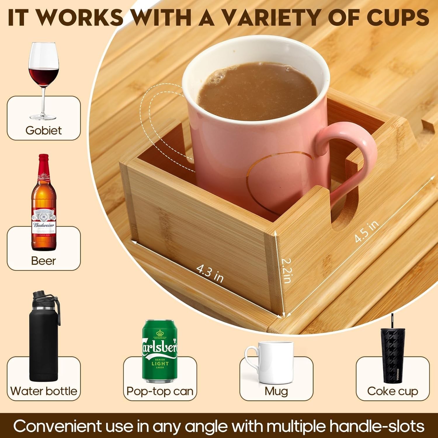 Bamboo Couch Arm Tray W/ Detachable Cup Holder 2 in 1 Foldable Anti-Falling