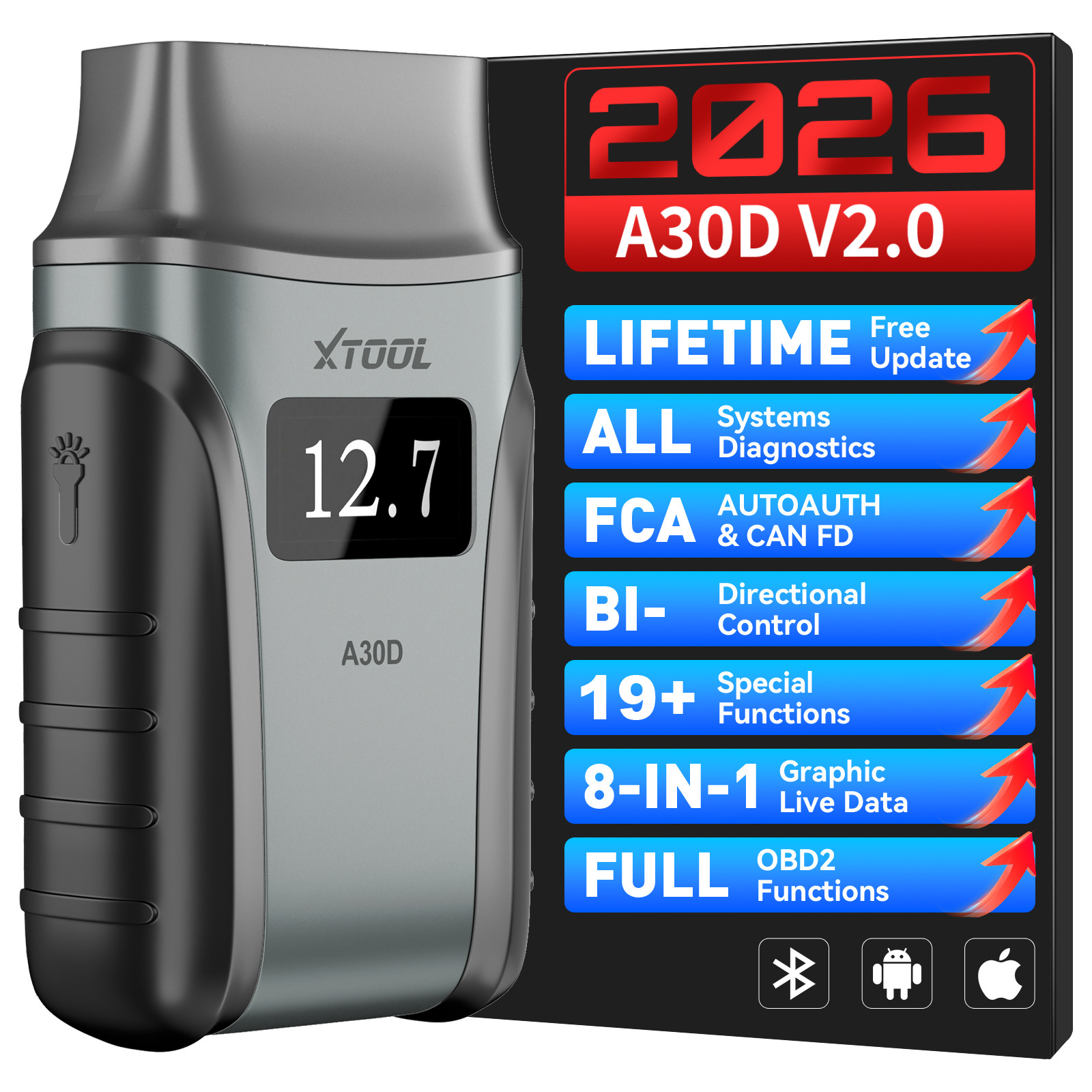 2026 XTOOL A30D OBD2 Scanner Bidirectional Full System Diagnostic Tool Bluetooth
