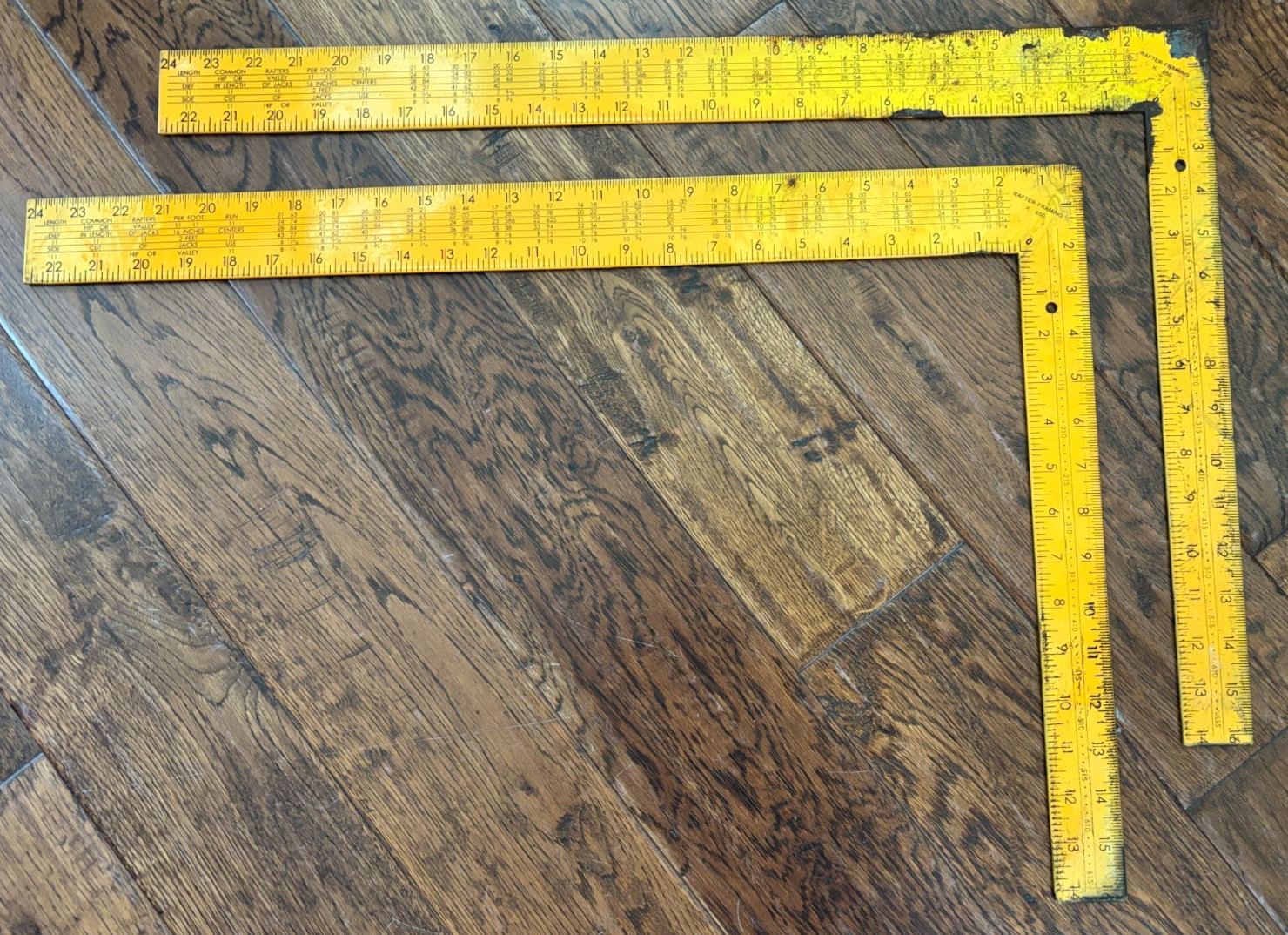 Lot of 2 Rafter X 650 Framing Squares 90° Vintage Yellow Metal Rulers 24" x 16"