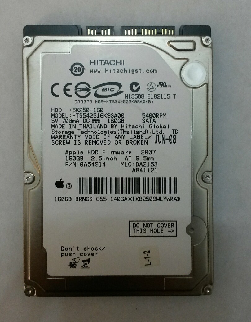 HITACHI HTS542516K9SA00 160GB SATA 5400 RPM P/N:0A54914 MLC:DA2153 F/W:2007