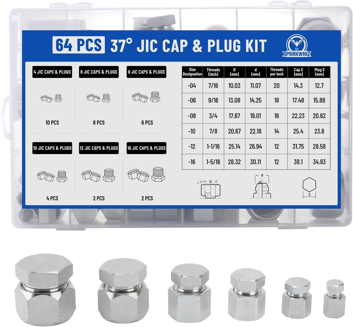 64Pcs hydraulic JIC Cap & Plug fittings Kit,AN Assortment Hydraulic Fitting Set