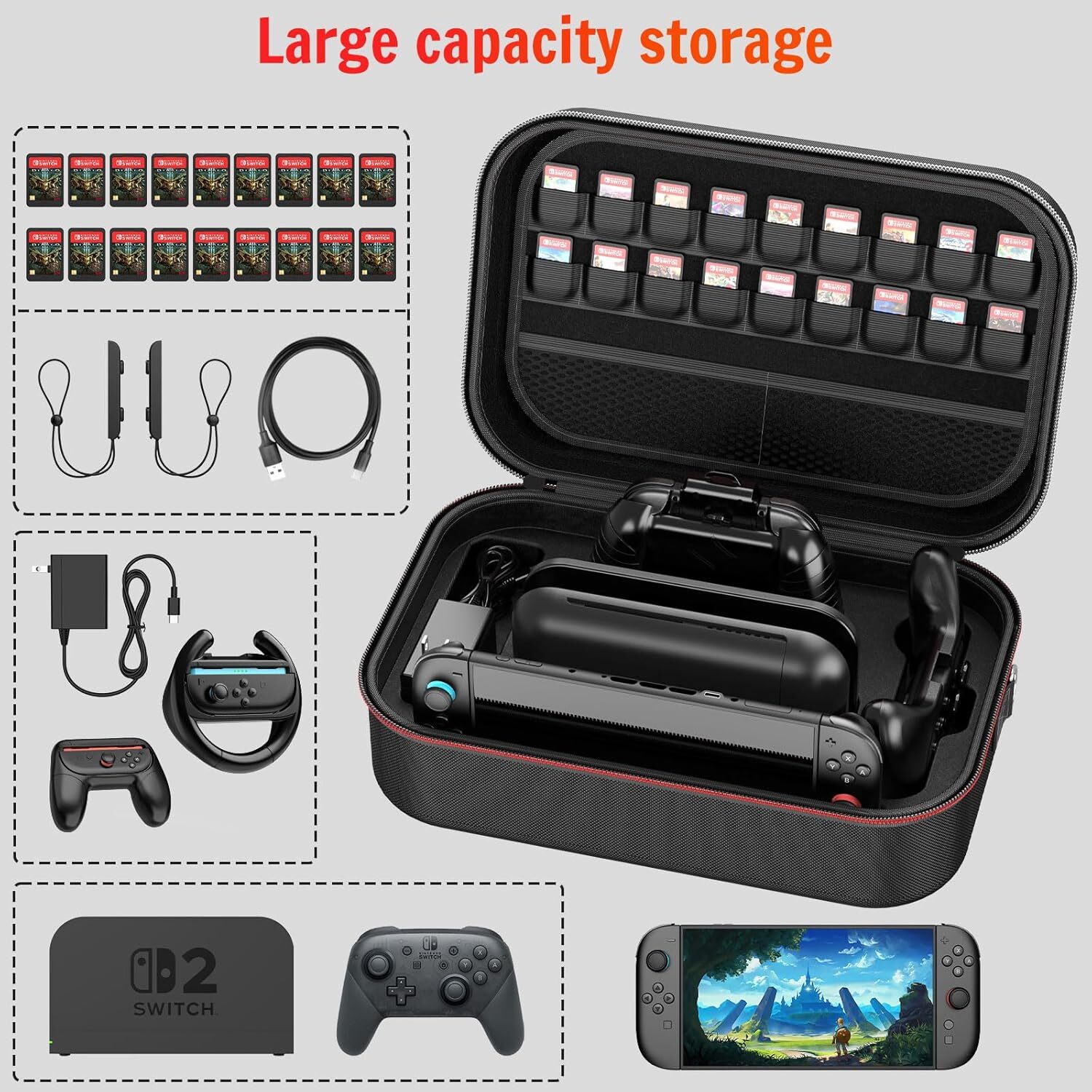With Nintendo Switch 2 Case, 18 Games Cartridges Waterproof and Dustproof Case