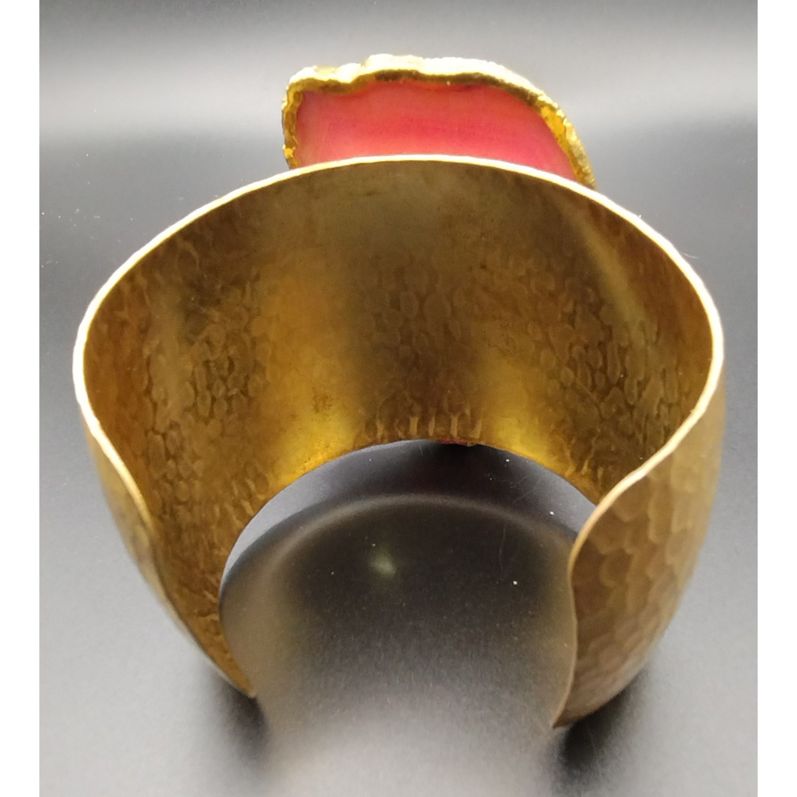 Handcrafted Hammered Goldtone Cuff Bracelet Pink Agate Geode Slice Statement