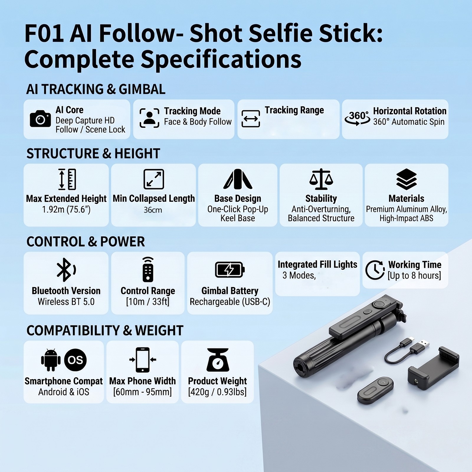 76'' Selfie Stick Auto Face Tracking Tripod 360° Rotation with Remote Control