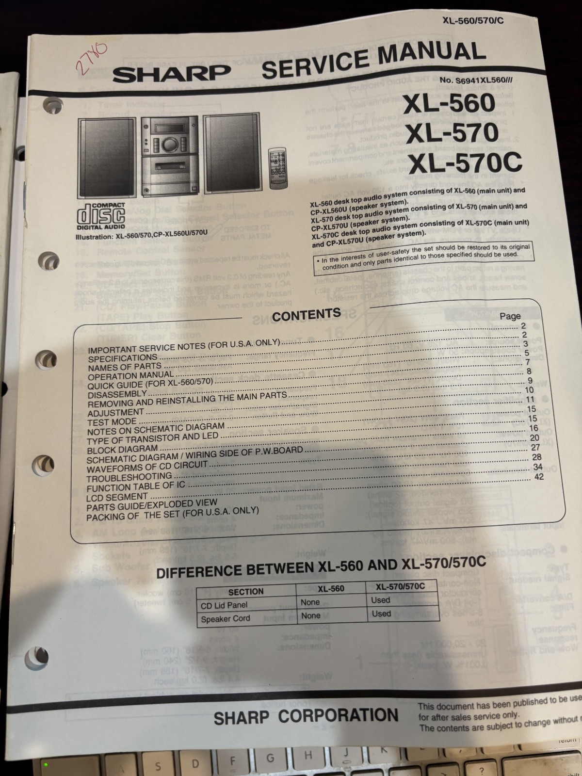 ORIG. SHARP XL-560 XL-570 XL-570C Repair & Service Manual *ORIGINAL*