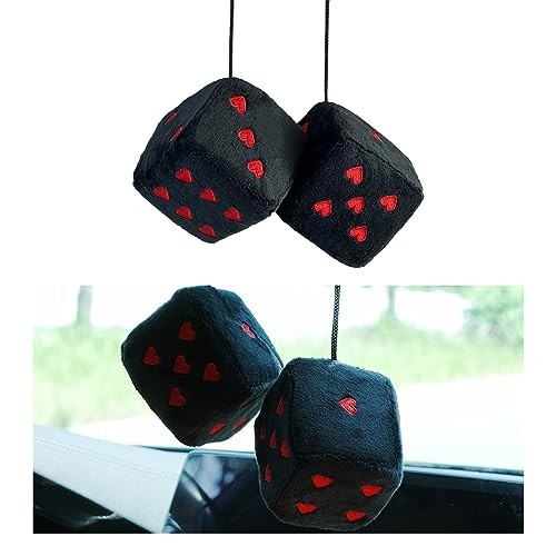 Ziciner Pair Fuzzy Plush Dice for Car Mirror, 3'' Retro Square Dice Black&Red