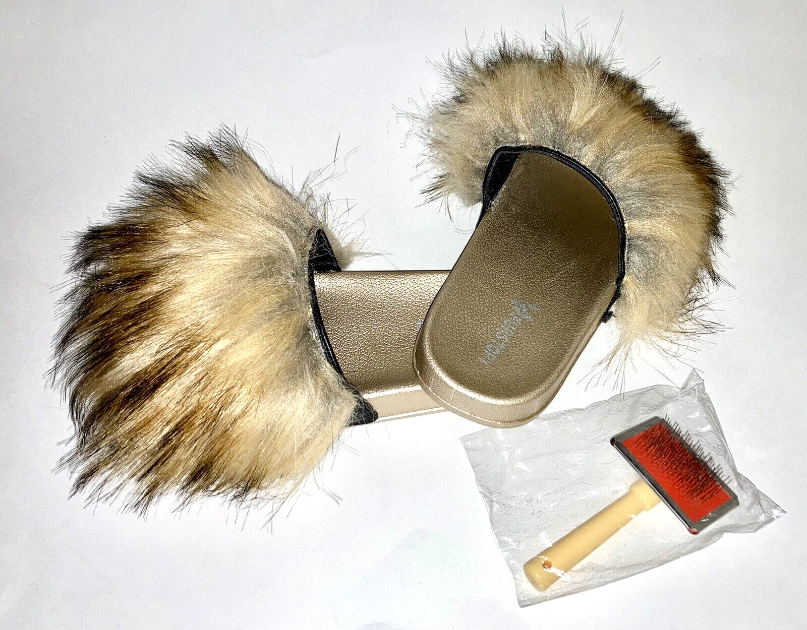 FUR STORY Slip On Slippers w/Gold Colored Sole & Gold/Black Colored Fur. Size 8