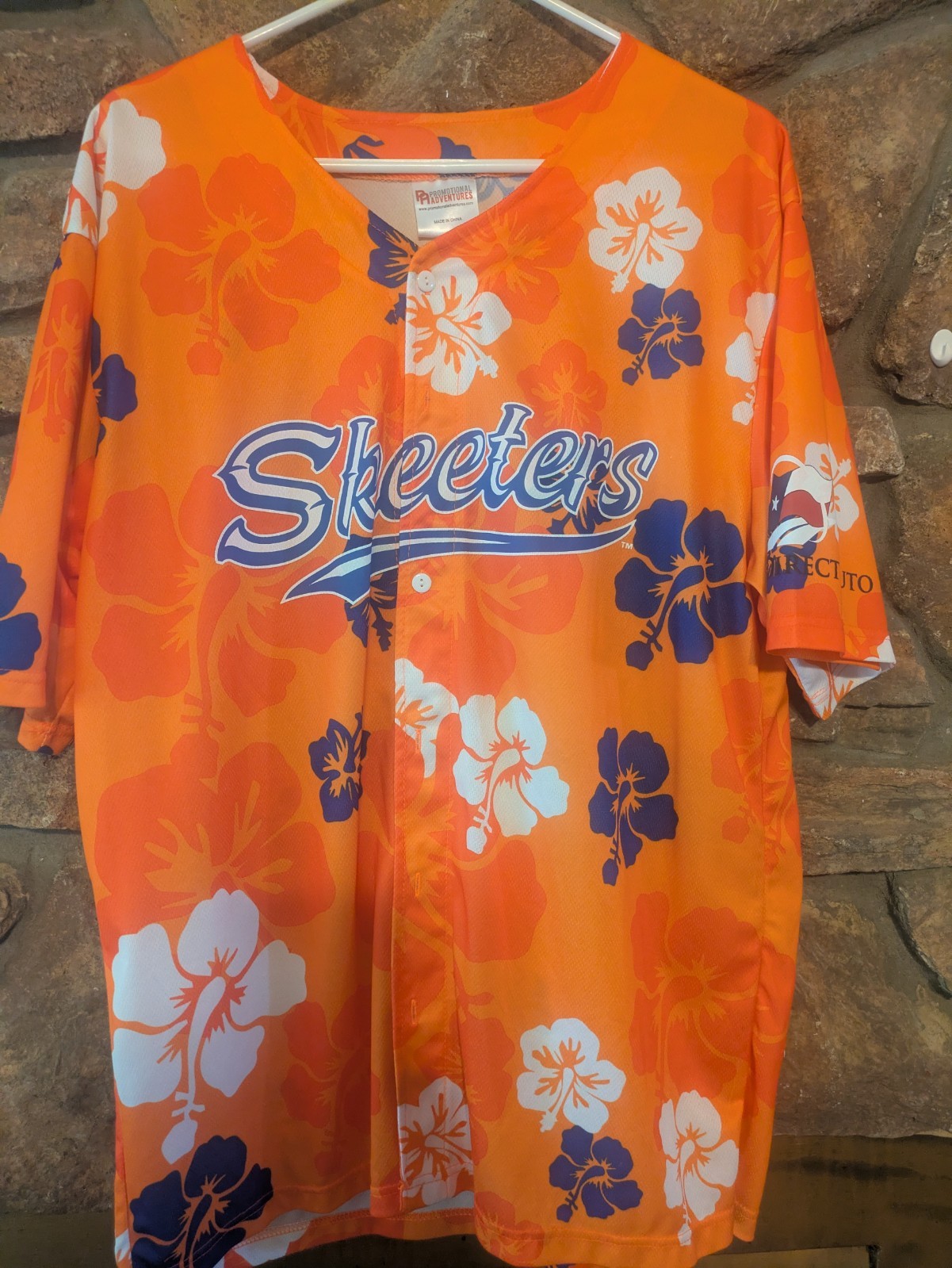 Sugar Land Skeeters Floral Hawaiian Promo Jersey #18 sz XL Orange MiLB Baseball