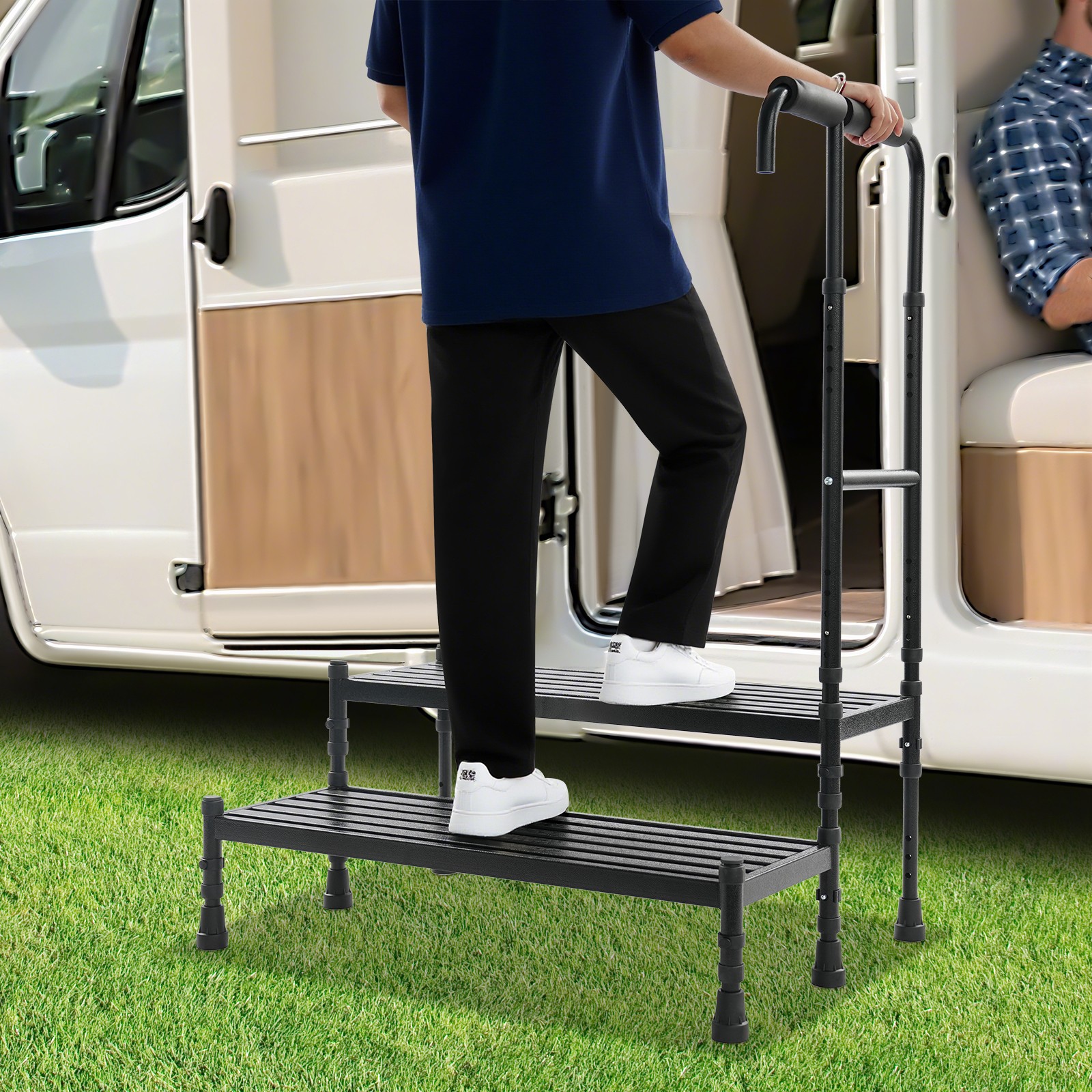 NEW Step Stool With Handle, Adult Ramp With Handrail, Metal Stepping Stool Black