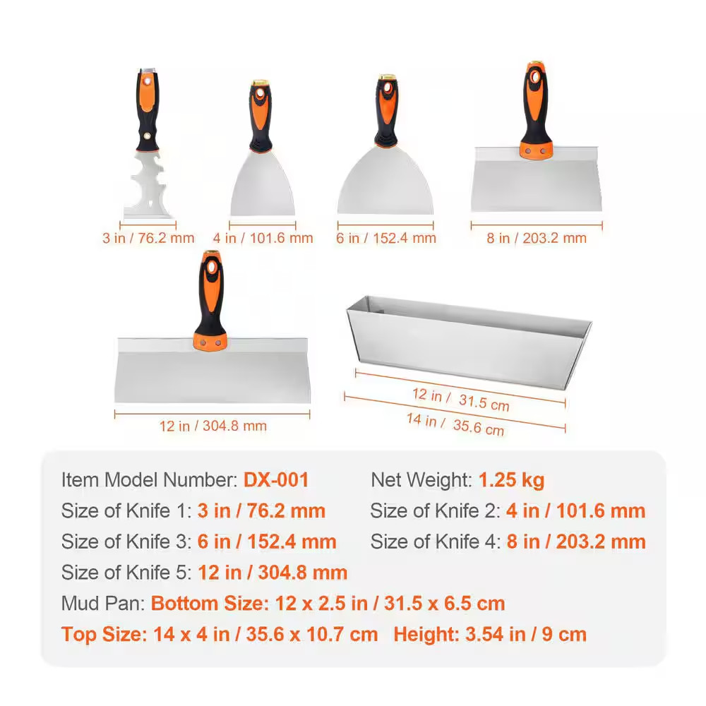 6 Piece Drywall Tools Includes 3 In. Painter Scraper, 2 Putty Knives, 2 Taping K