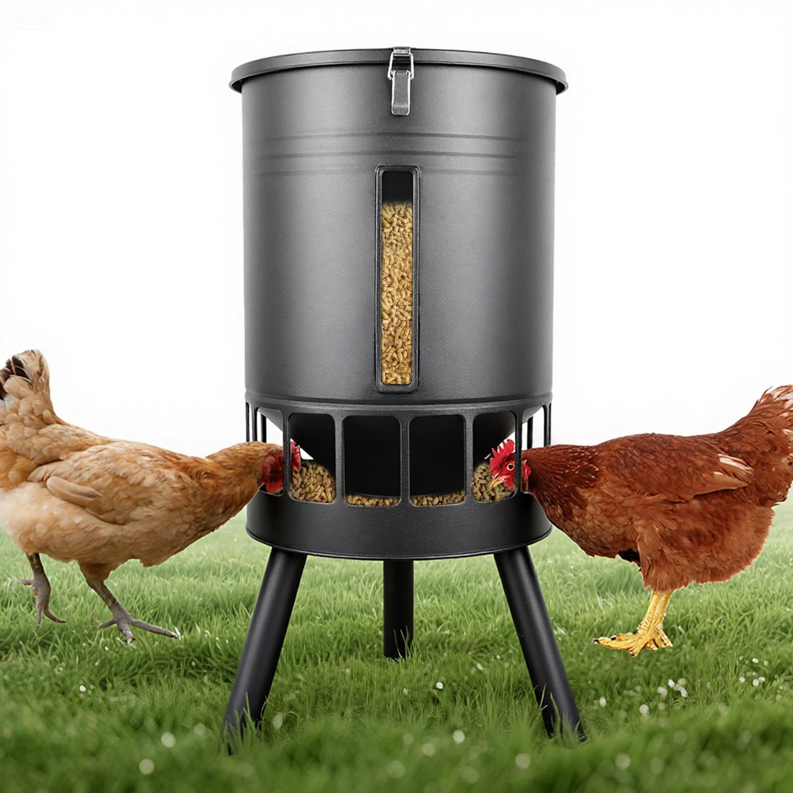 50LB Metal Chicken Feeder - No Waste, No Clog Design with 16 Ports(Black)