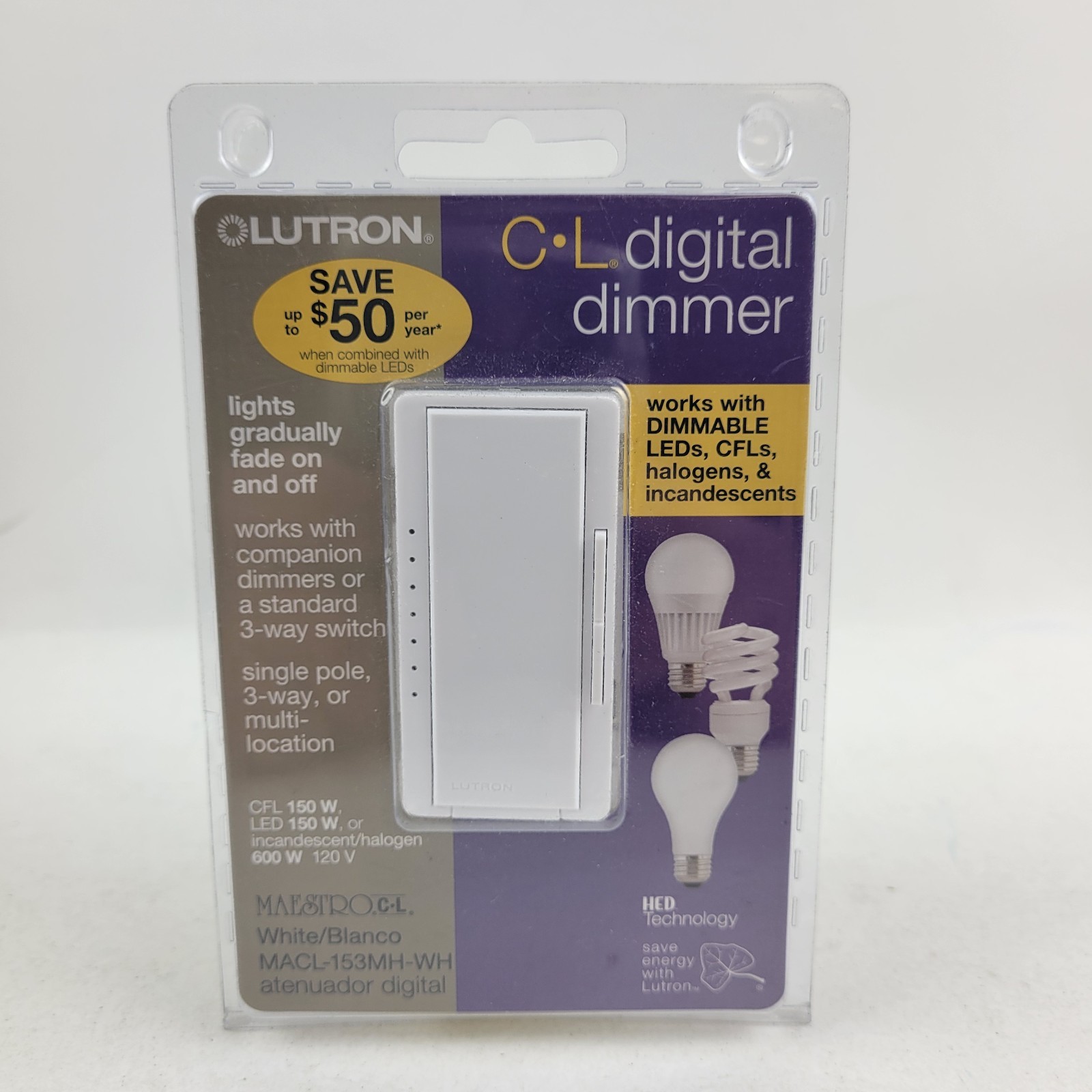 Lutron Maestro CL Digital Dimmer White Single Pole, 3-way - MACL-153MH-WH. New