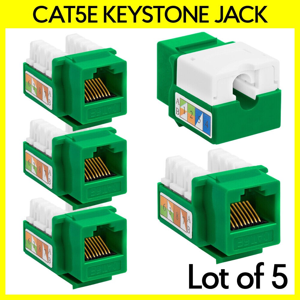5 Pack RJ45 Ethernet Keystone Jack 8P8C Cat5e Connector 110 Punchdown Type Green