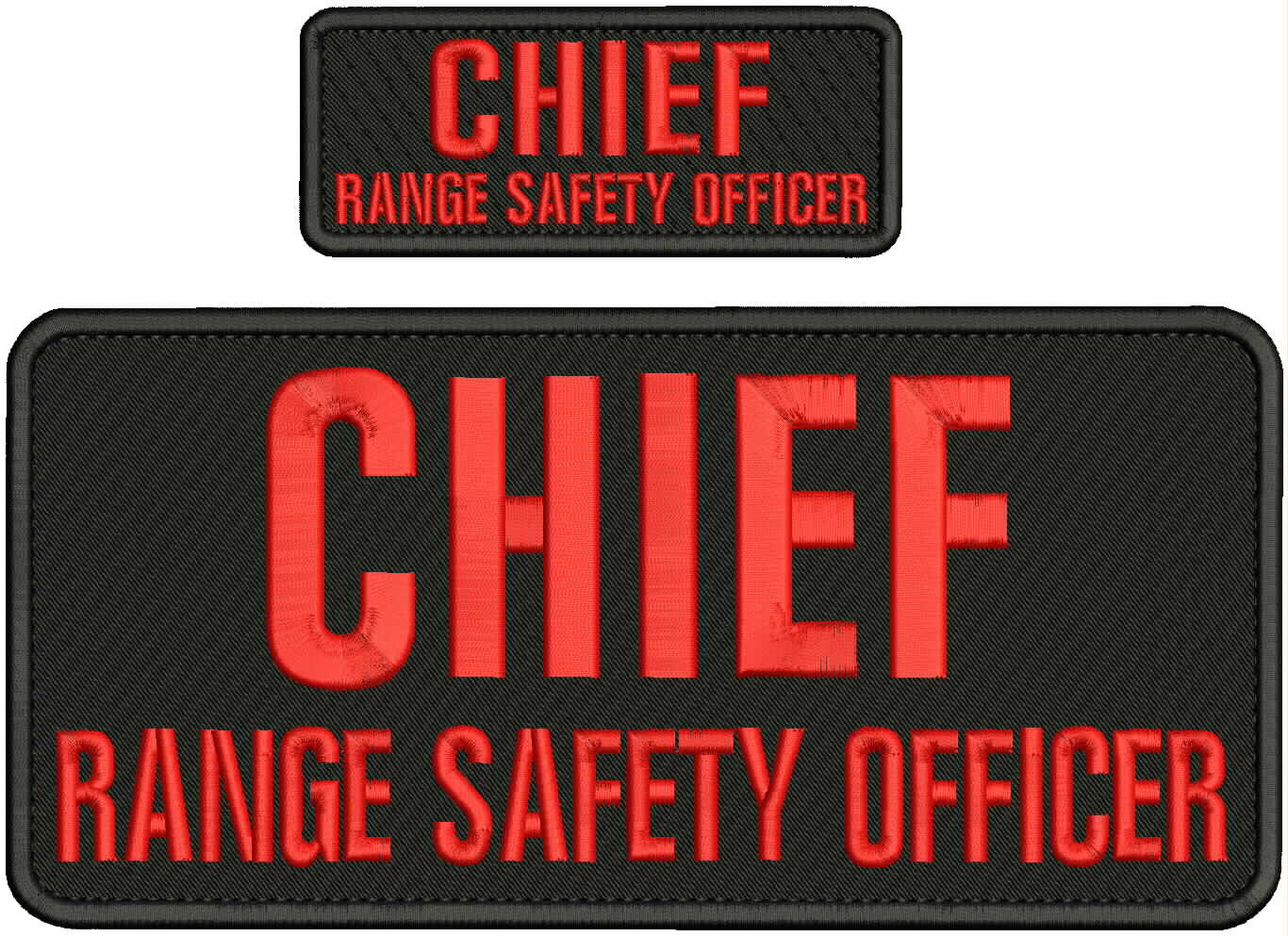 CHIEF RANGE SAFETY OFFICER  EMB PATCH 11X5 AND 5X2 HOOK ON BACK Red on blk