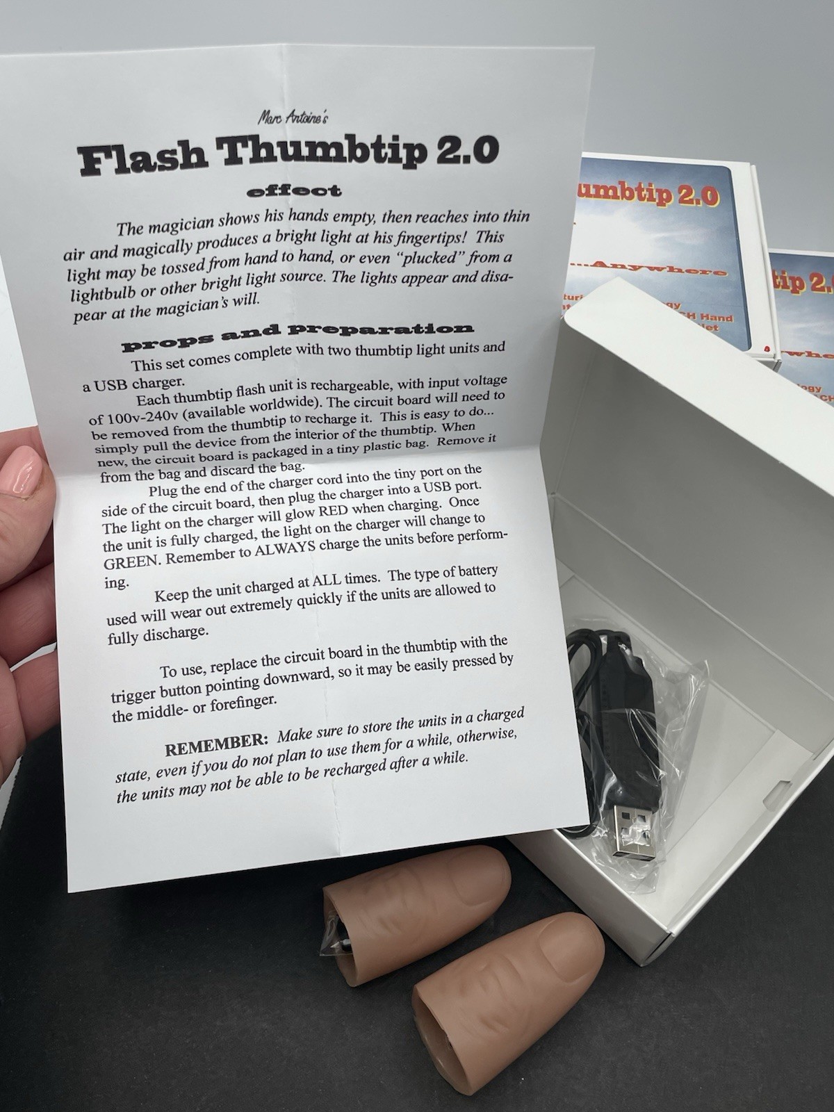 Flash ThumbTip 2.0 Magic Trick Prop Gimmick Light Illusion WHITE USB CHARGER