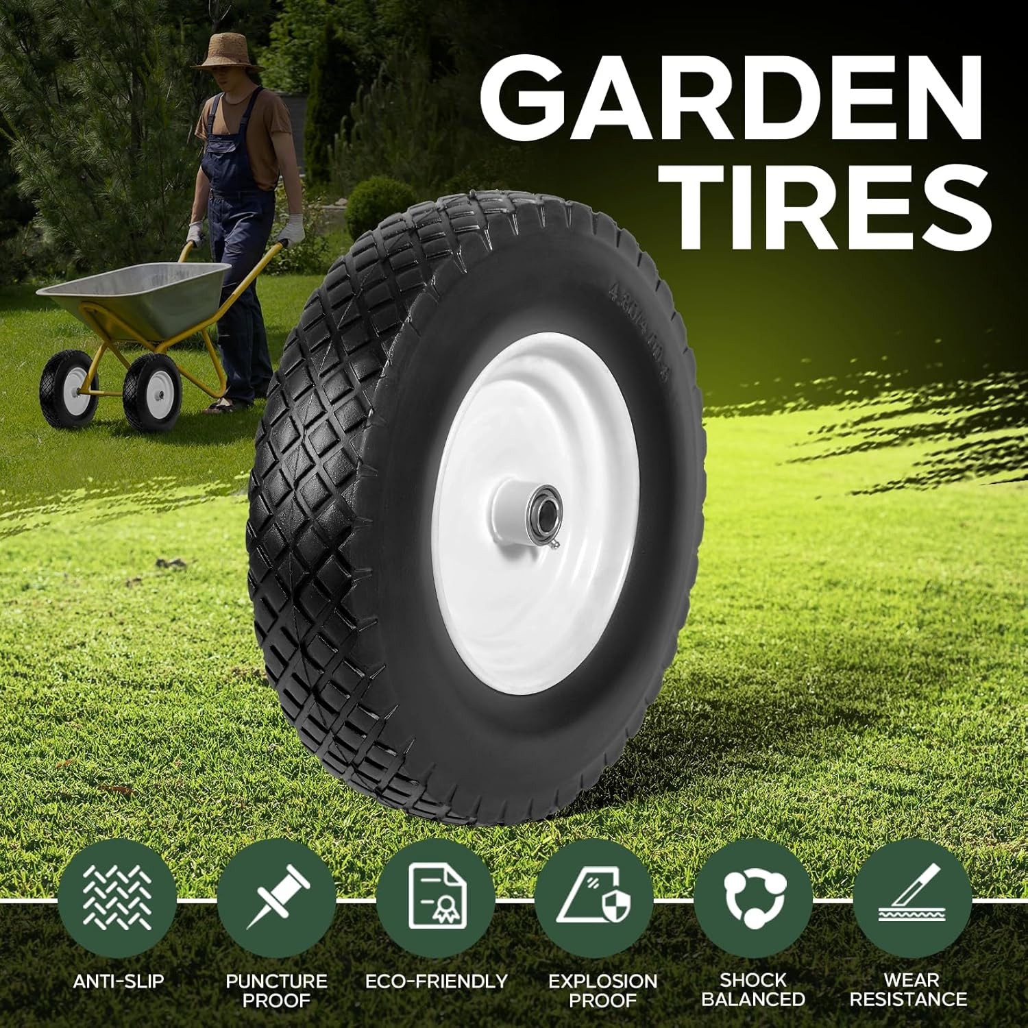 2 PCS 16 Inch Rubber Solid Flat Free Replacement Tires and Wheels 4.80/4.00-8