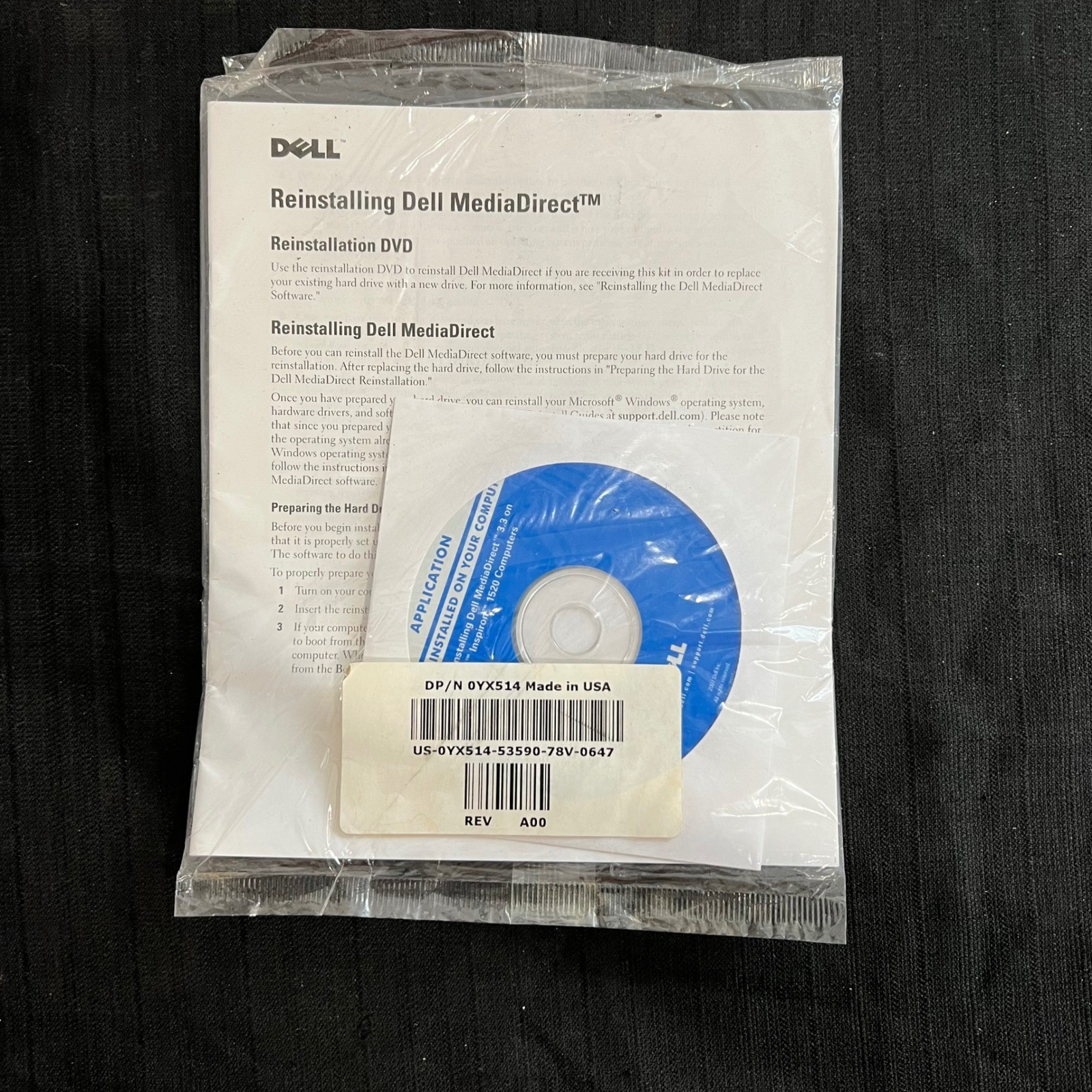 Dell MediaDirect 3.3 Reinstallation DVD Inspiron 1520 0YX514 REV A00 New Sealed