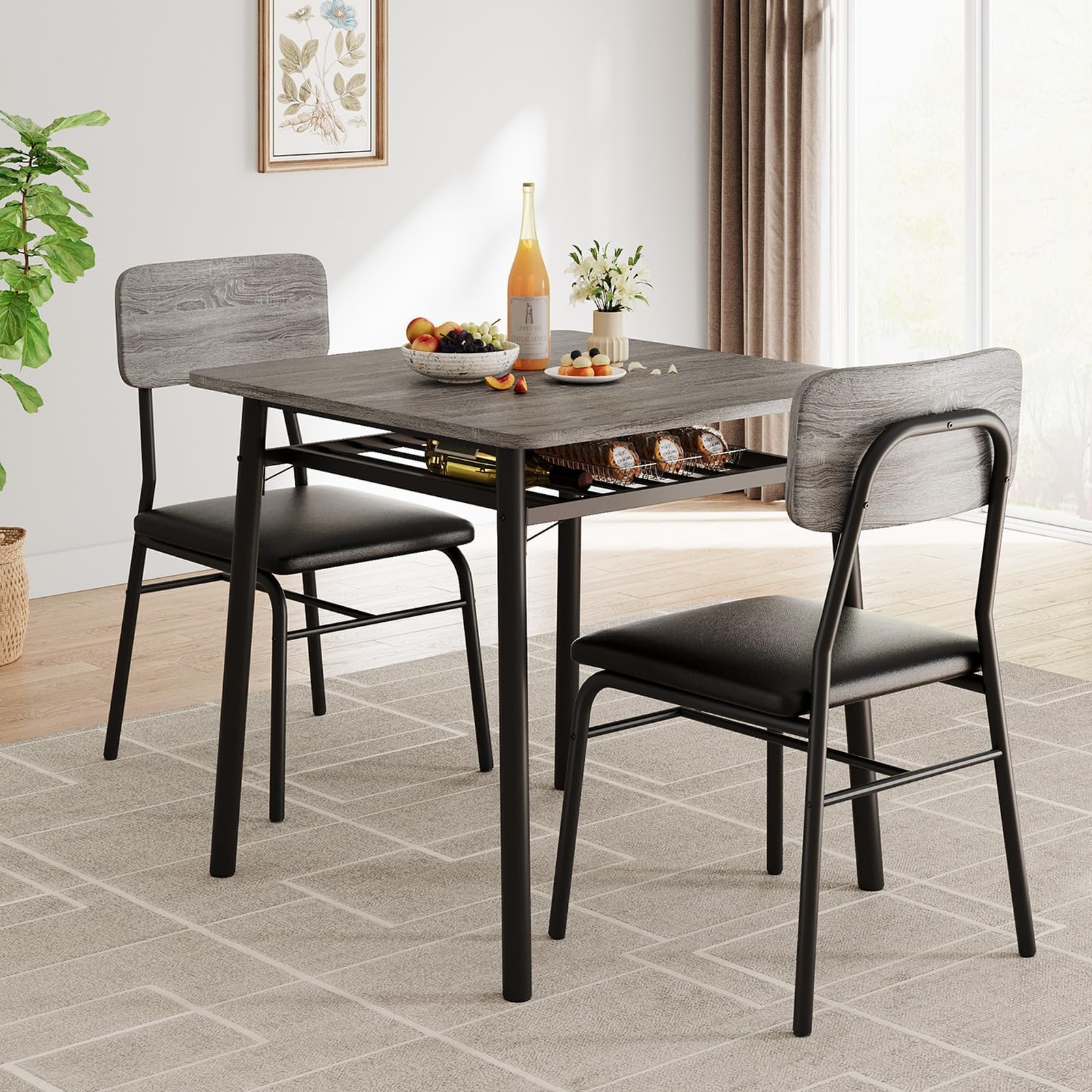 Dining Set for 2 Wood Top Table and 2 Upholstered Chairs for Small Space Kitchen