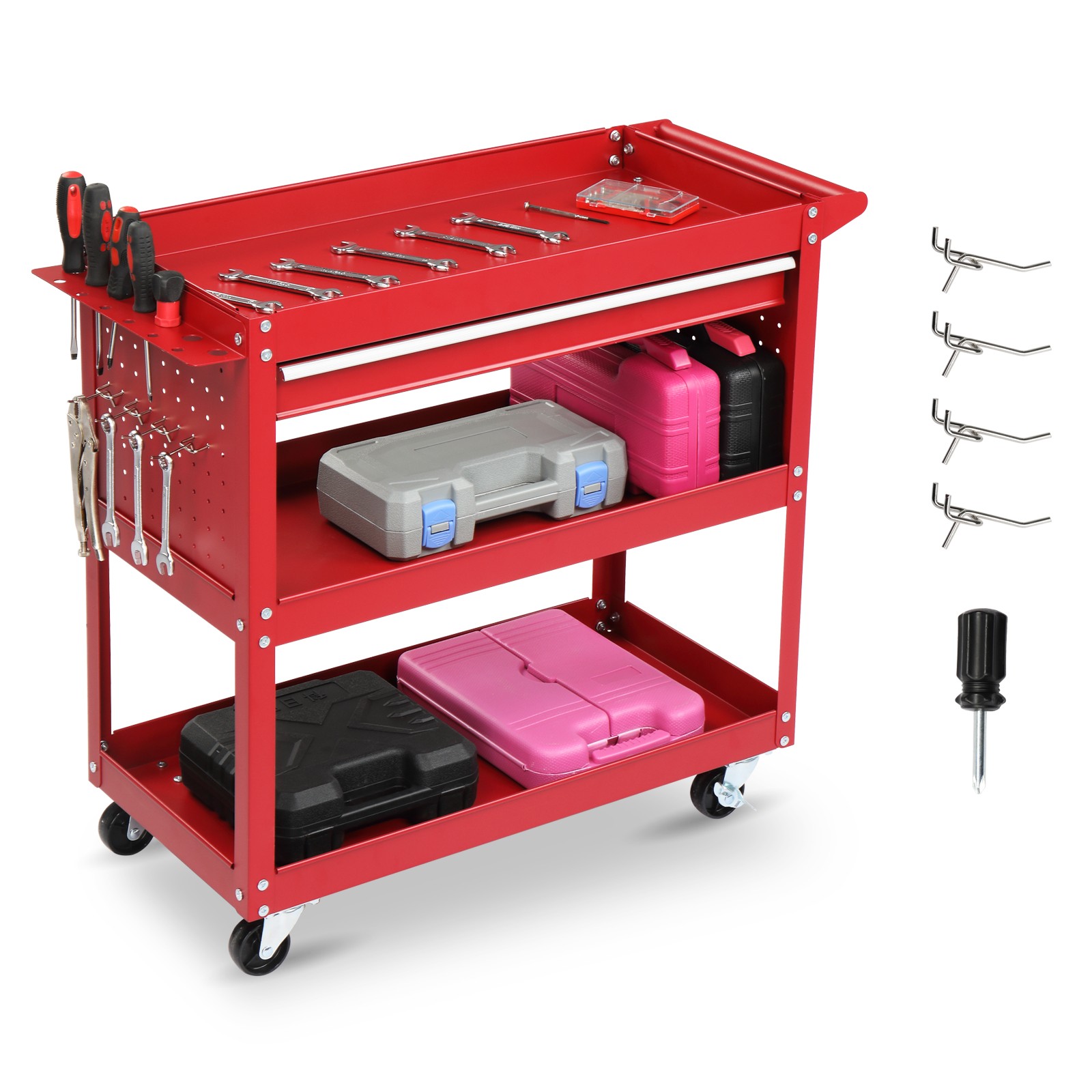 Heavy Duty 3-Tier Rolling Tool Cart with Drawer, Pegboard & Hooks for Garage